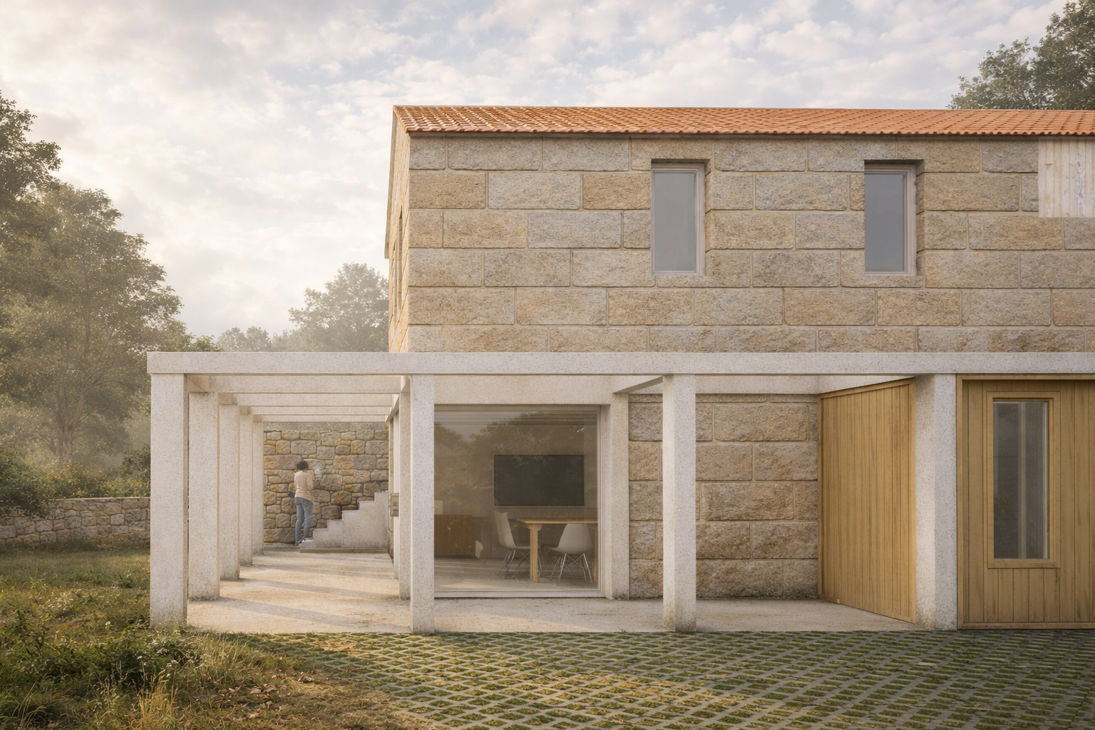 Fachada de vivienda unifamiliar rehabilitada en Chandebrito, Nigrán (Pontevedra), con muros de piedra original, intervención contemporánea en volumen superior y pérgola ligera como espacio de transición exterior-interior