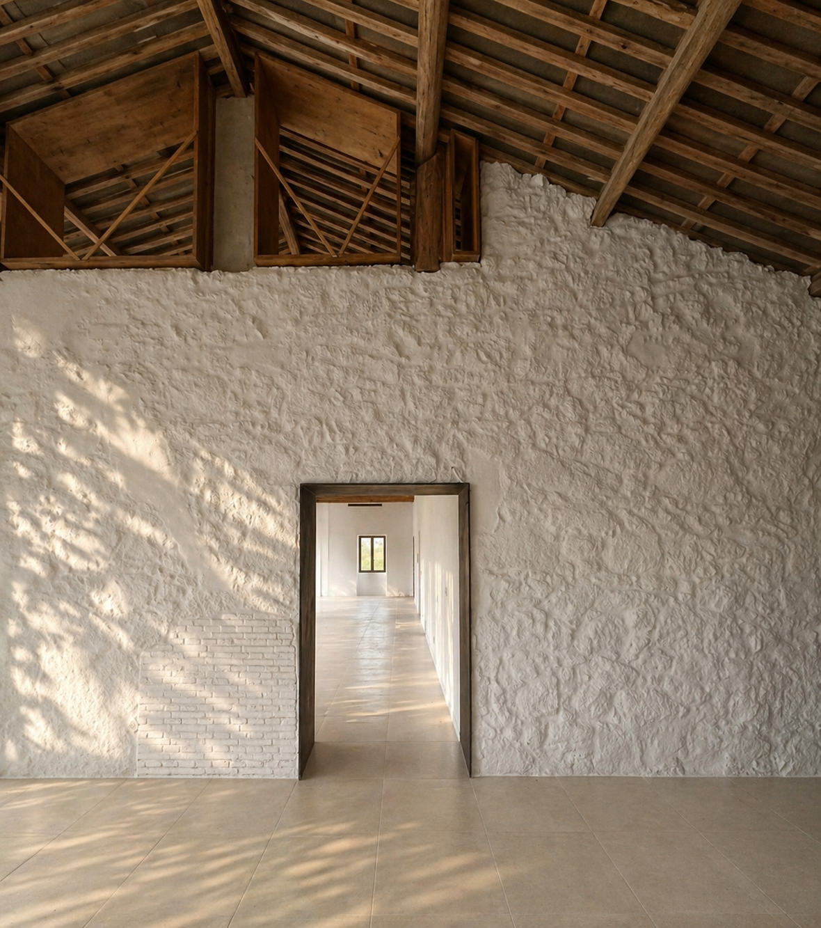 Espacio interior rehabilitado en la Escuela Unitaria de San Lorenzo (A Guarda, Pontevedra), donde la arquitectura en madera y la recuperación de muros tradicionales generan un ambiente luminoso y contemporáneo.