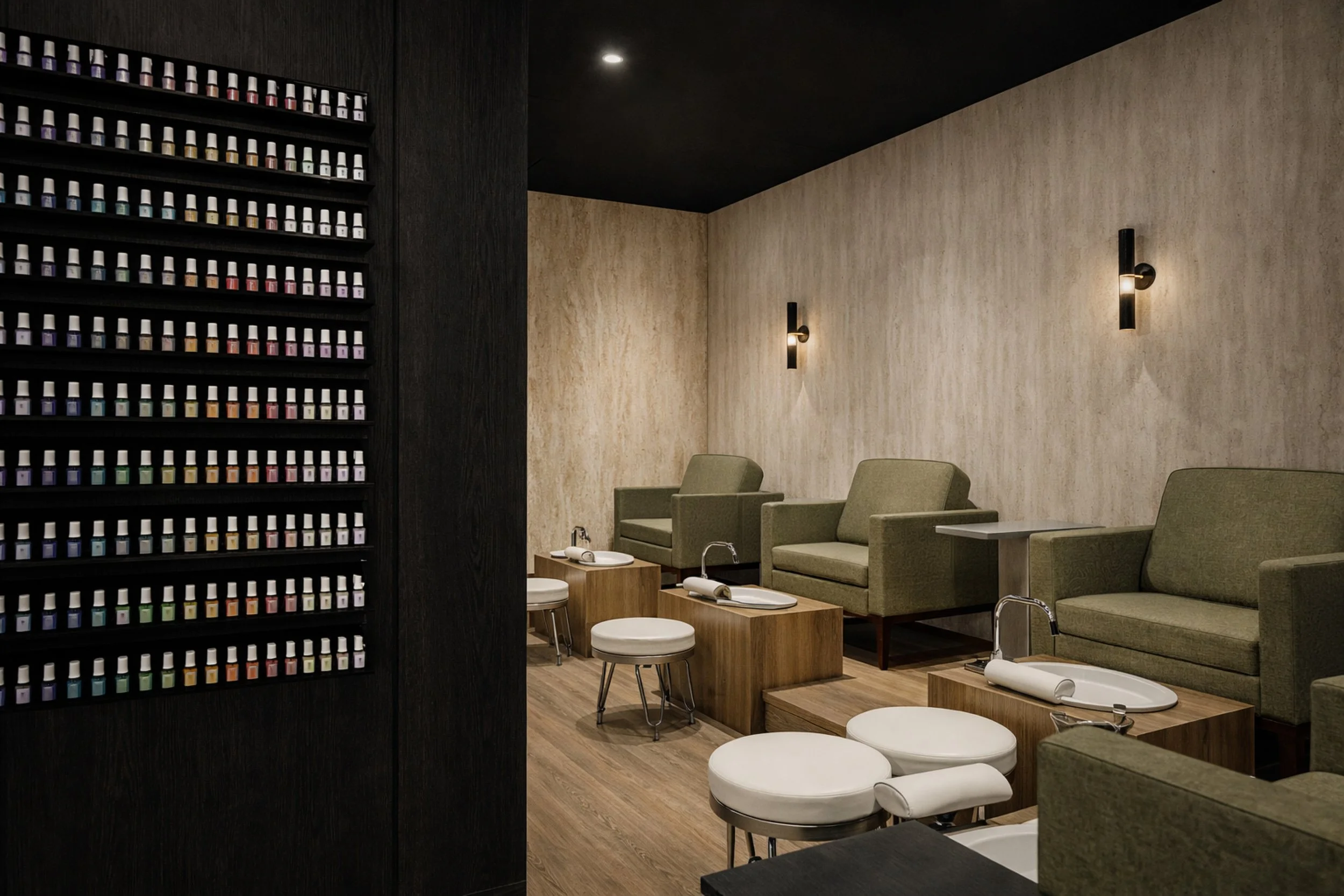Interior of a nail salon with three green upholstered armchairs, small wooden tables, white pedicure bowls, and a wall displaying a large selection of nail polish bottles. The space has wood flooring, beige textured walls, black ceiling with recessed lighting, and black wall sconces.
