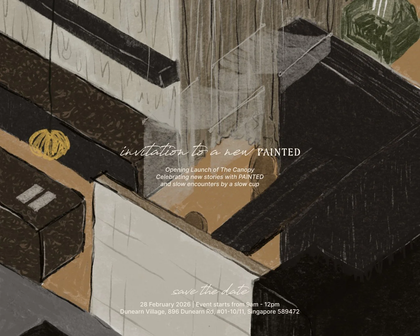 Invitation to a new painted event with a watercolor illustration of a cozy interior space, including a bench, curtains, and shelves, with details about an opening launch at Dunearn Village in Singapore on February 28, 2026.