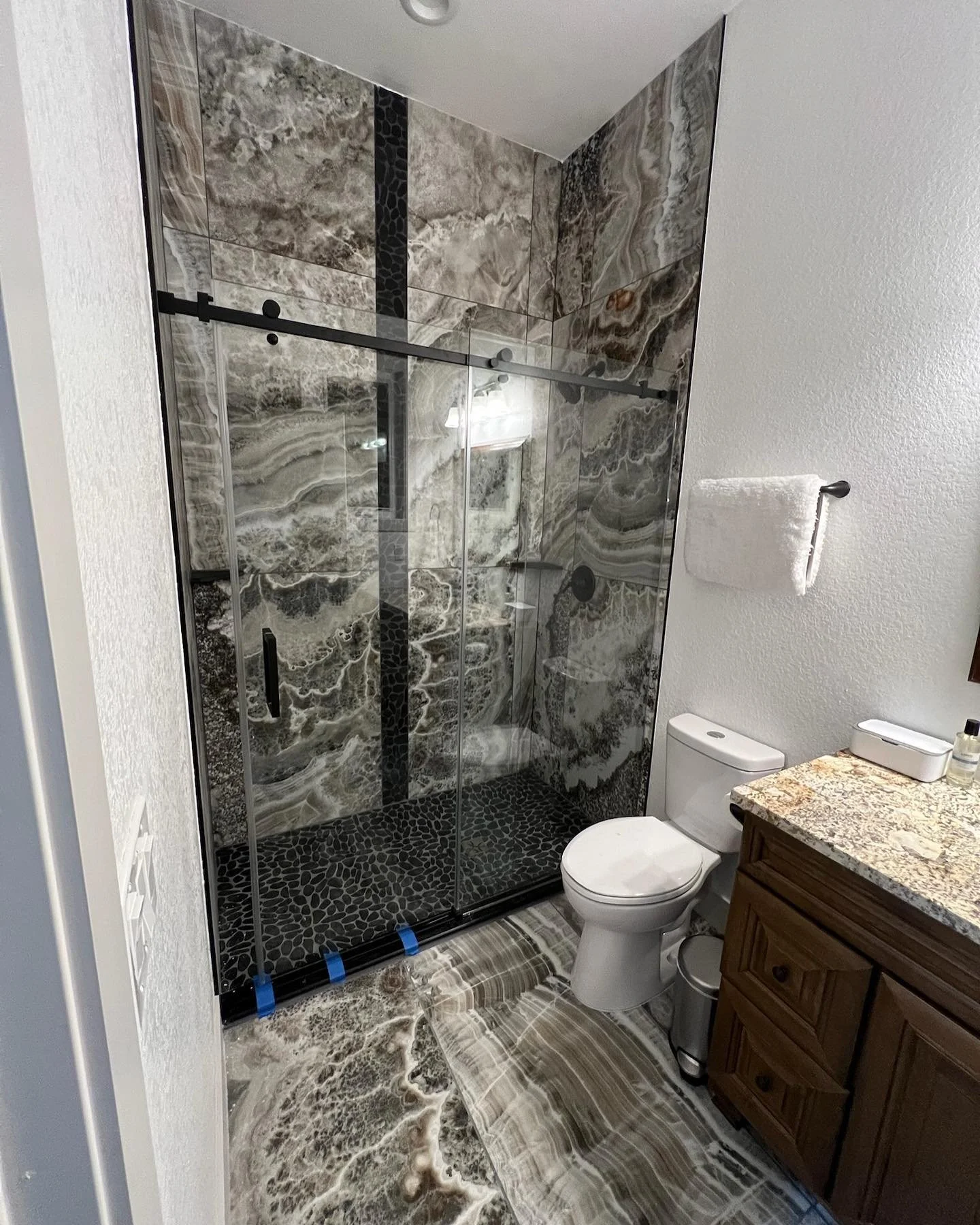 Shower door installation, showing off this beautiful tile. #fhrpropertyservices #handymanservices #handyman #propertymanagement #propertyservices #remodel #remodeling #renovation #colorado#coloradohandyman #coloradopropertymanagement #coloradopropert