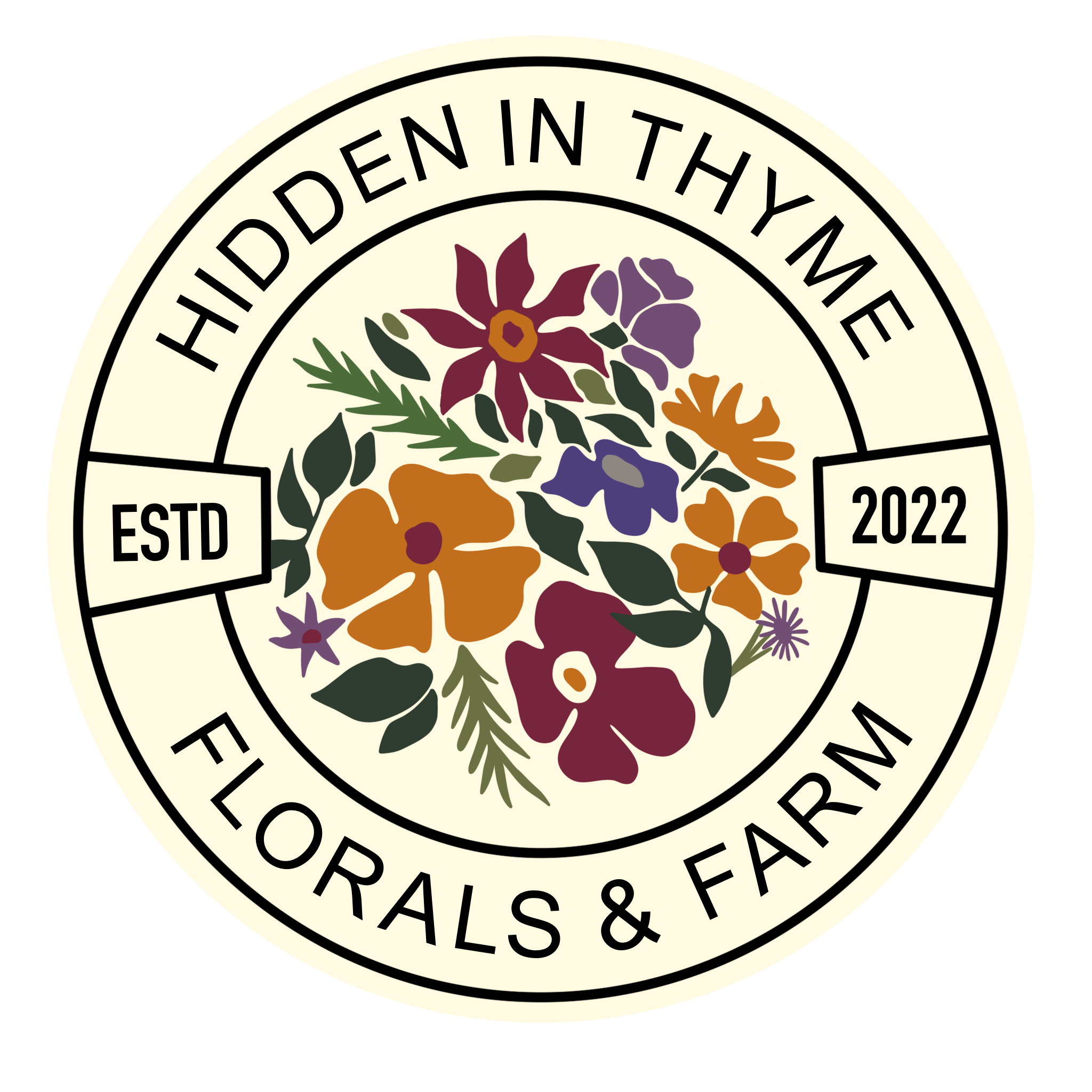 A circular logo with the text 'HIDDEN IN MYTHME' at the top and 'FLORALS & FARM' at the bottom, featuring a central floral arrangement of colorful flowers in shades of purple, orange, and burgundy with green leaves, and the labels 'ESTD 2022' on two side banners.