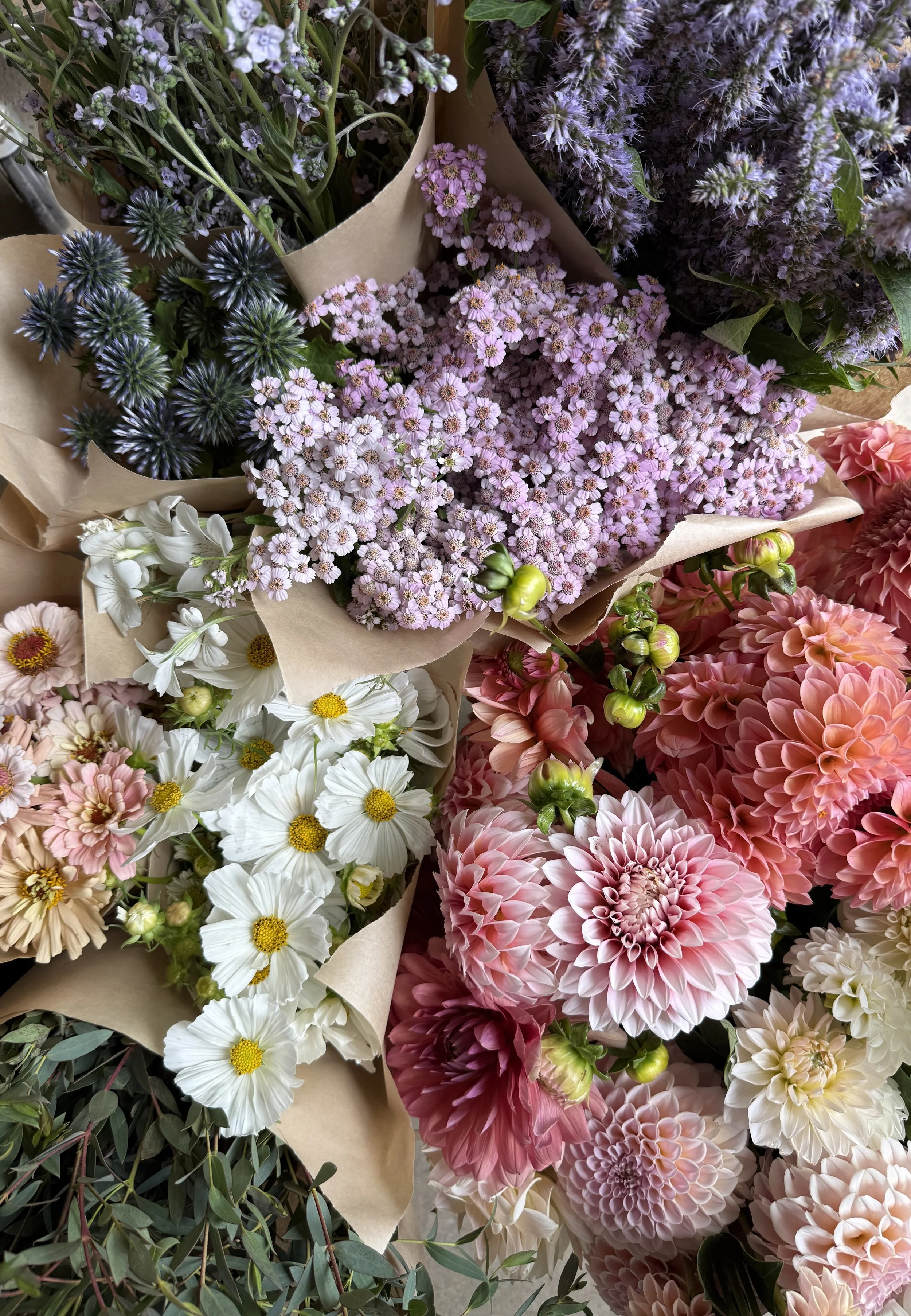 A variety of colorful flowers including purple, white, pink, and cream blossoms arranged in bouquets.