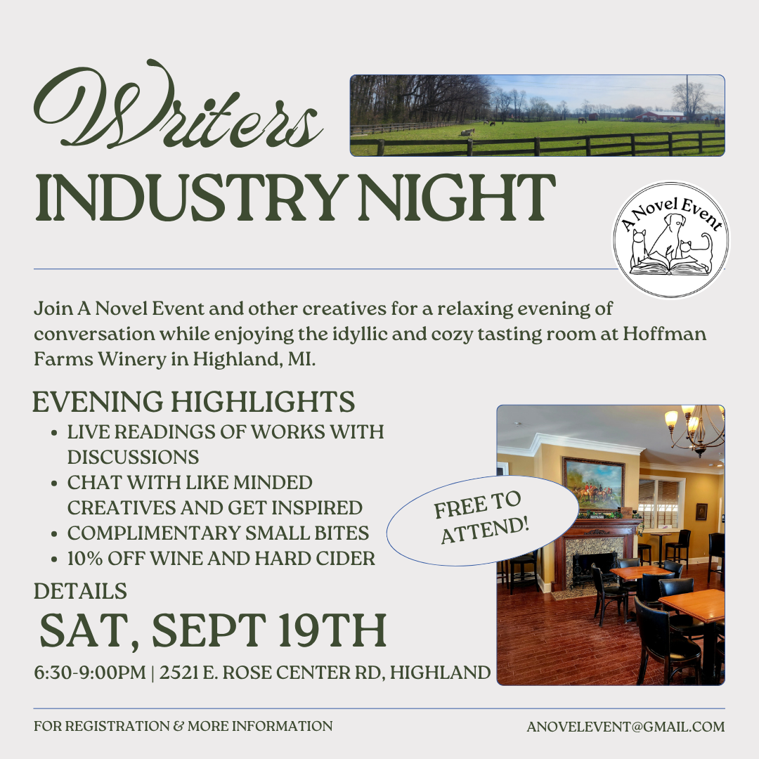 Event flyer for Writers Industry Night at Hoffman Farms Winery, Highland, MI, on September 19th, with images of a farm scene and an indoor wine tasting room.