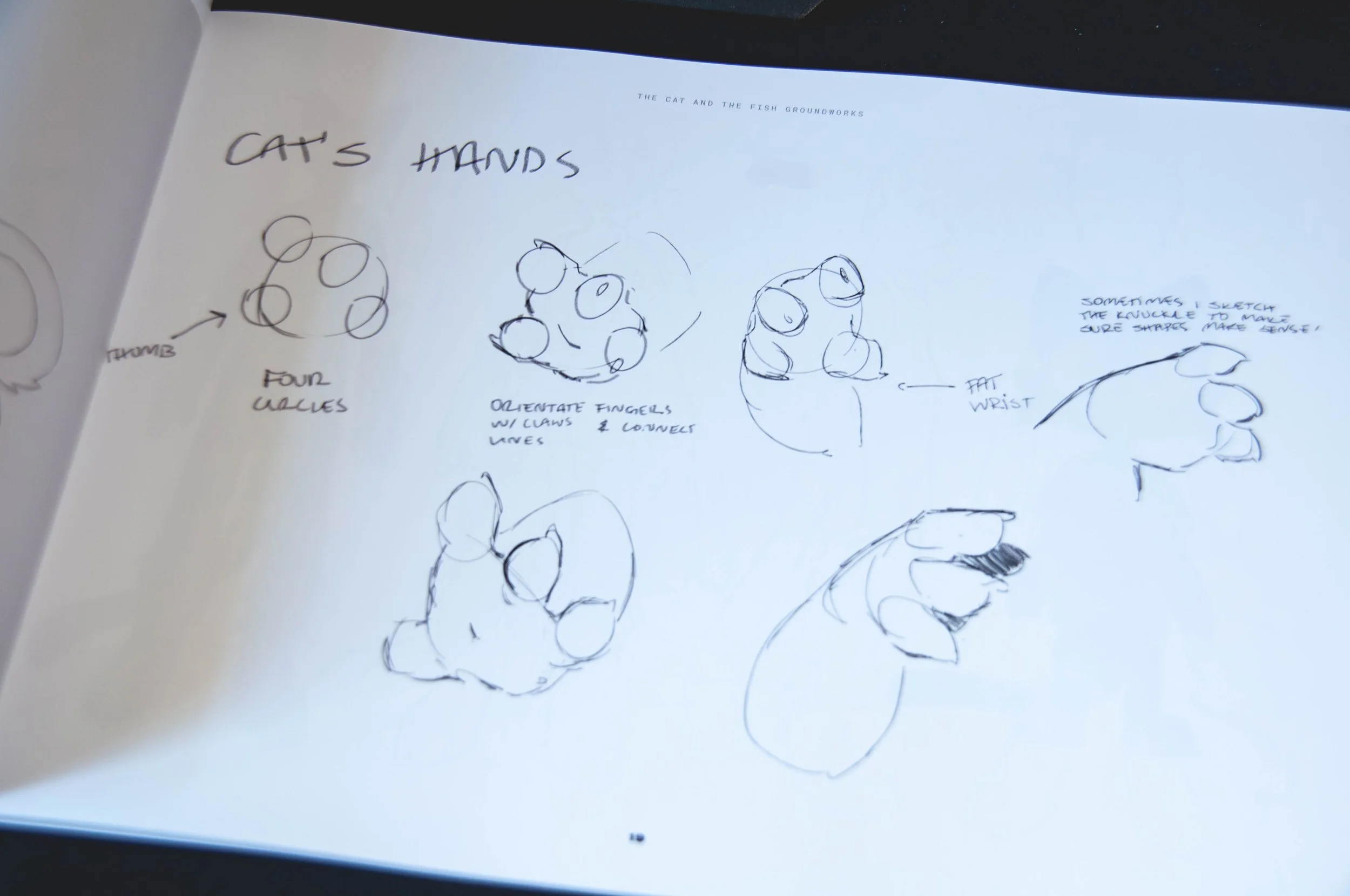 Artbook page with Cat's hand design and sketches