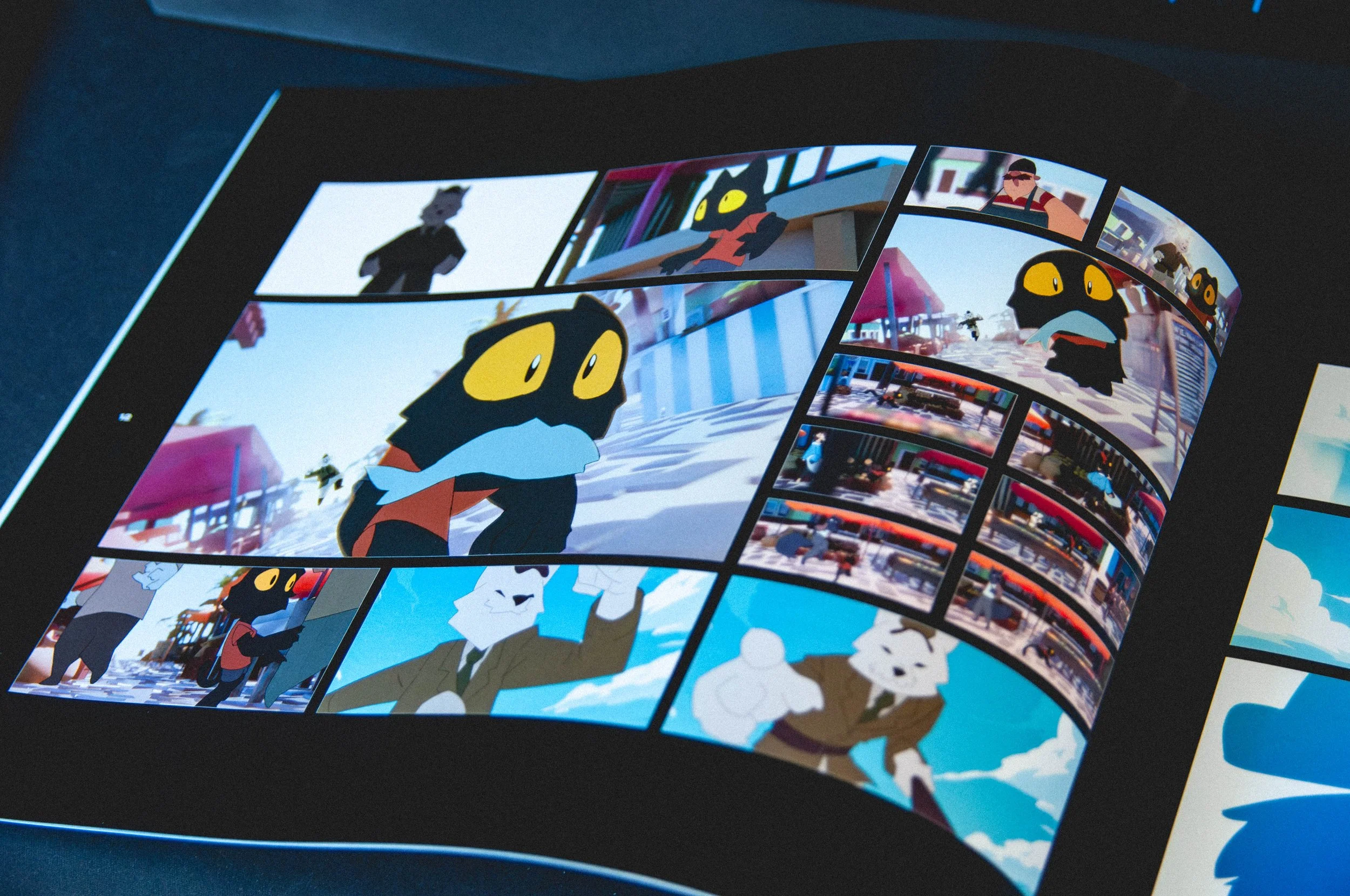 Artbook showing page full of still frames taken from the short film.