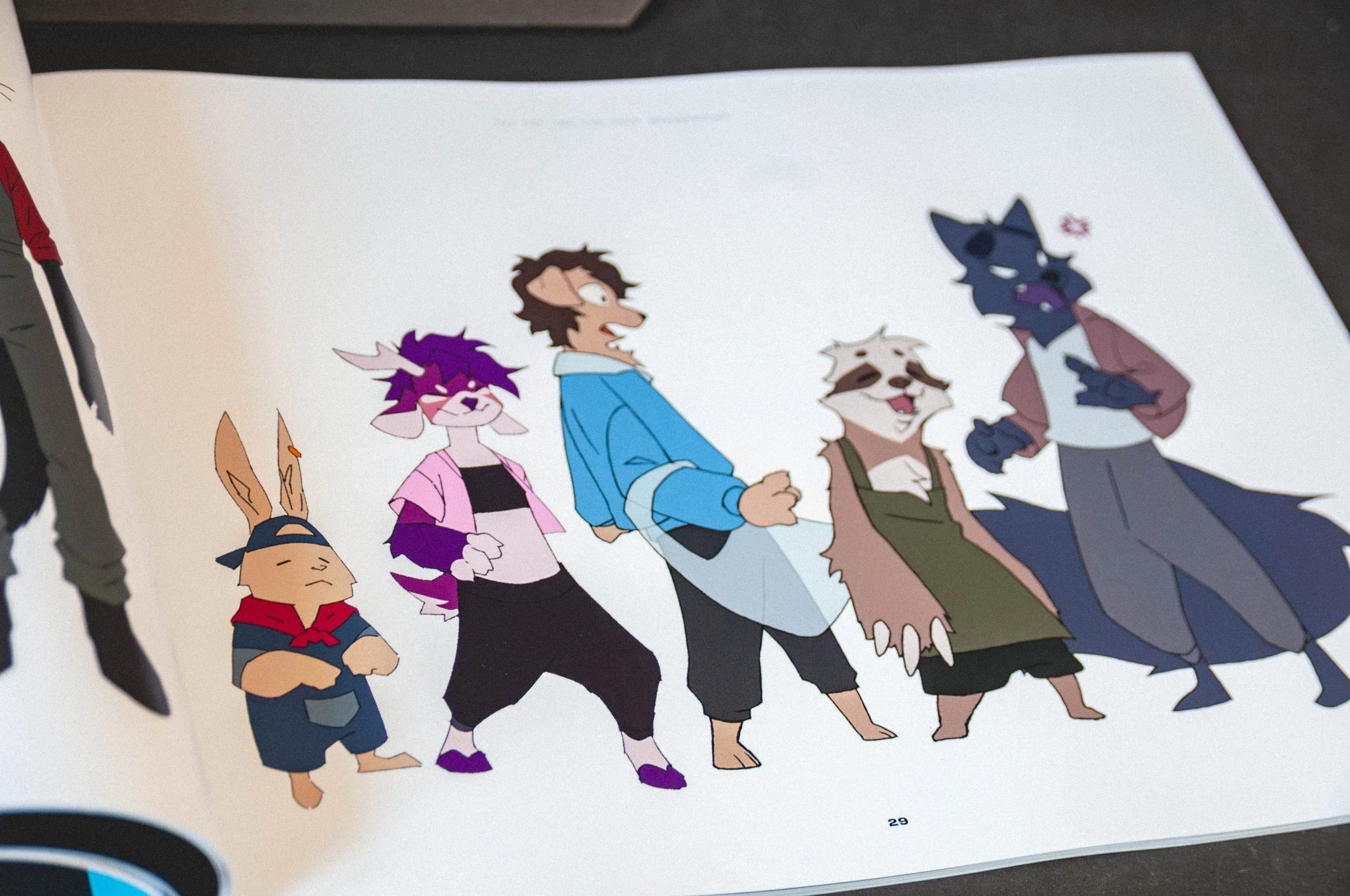 Artbook page with lineup of background characters and cameos.