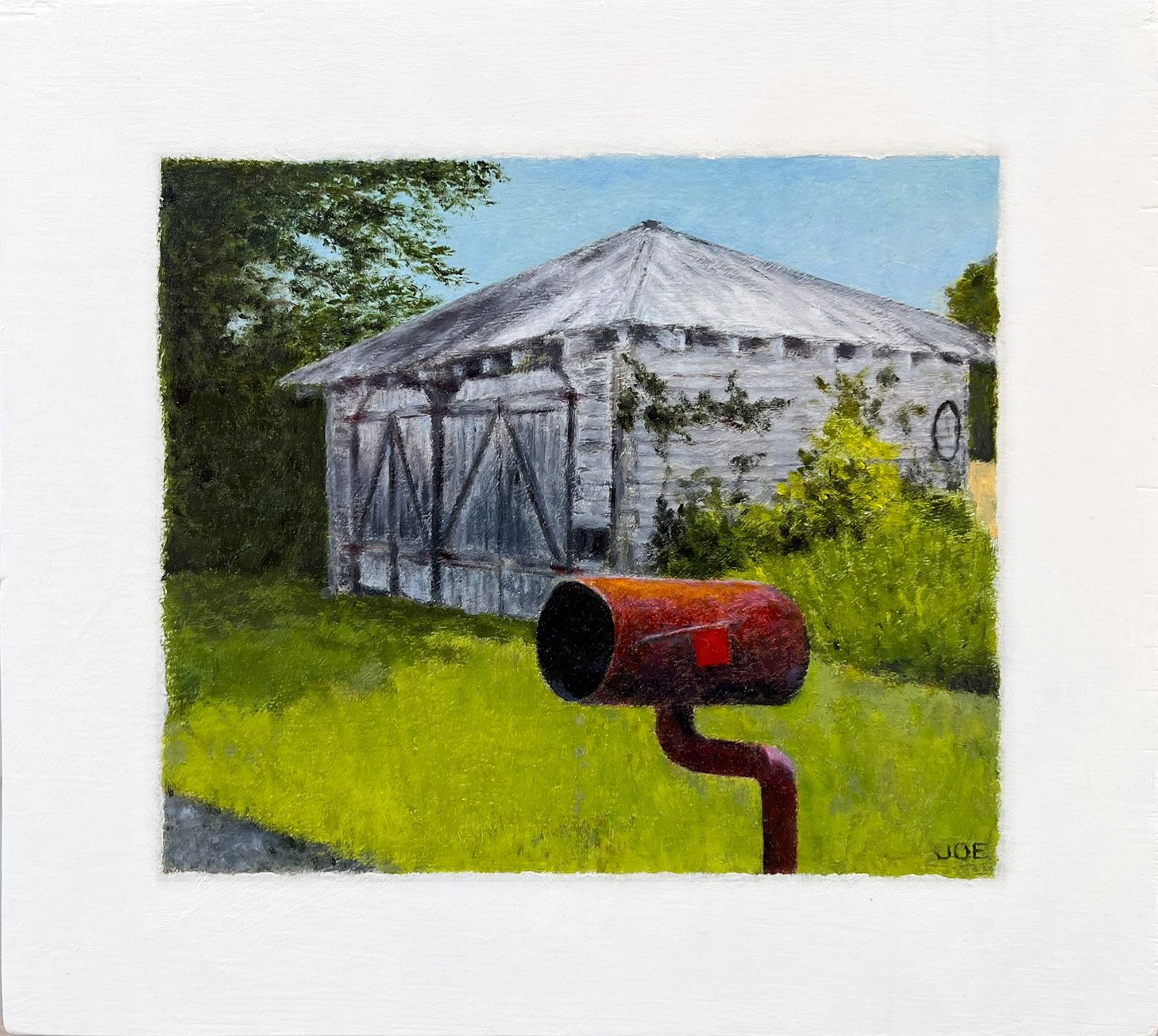 Round Mailbox on a Country Road • 2022 • Oil on Board • 9”x8” • $125
