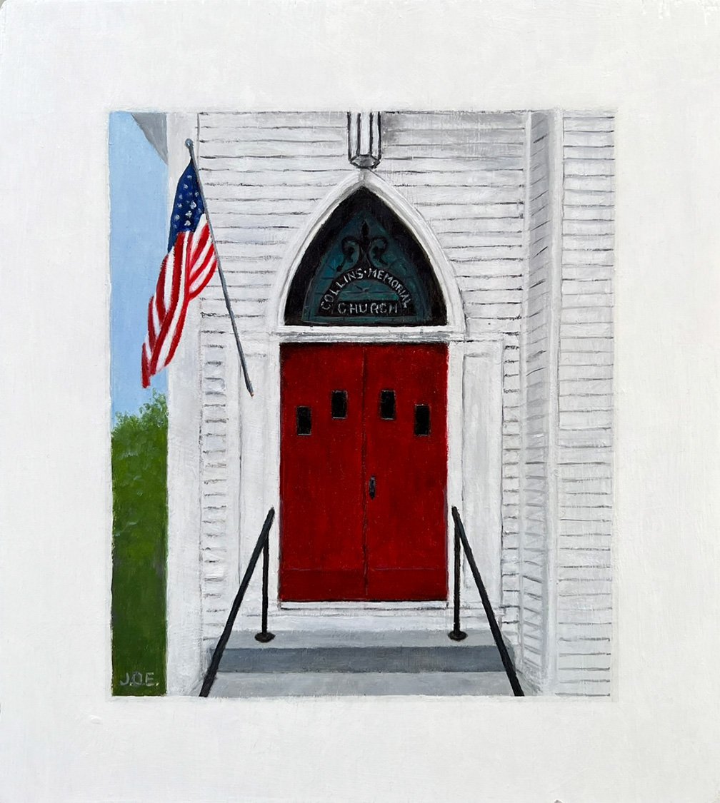 Church Door with Flag • 2022 • Oil on Board • 8 1/4”x9” • $175 • 2023 Cultural Arts Council of Douglasville/Douglas County NJAS