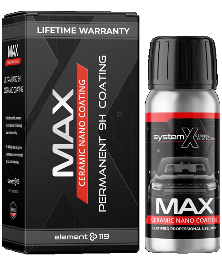 A black box labeled "LIFETIME WARRANTY MAX CERAMIC NANO COATING PERMANENT HIGH-DEF COATING" and a silver bottle with a black cap labeled "system X MAX CERAMIC NANO COATING" with an image of a car on it, indicating a ceramic coating product for vehicles.