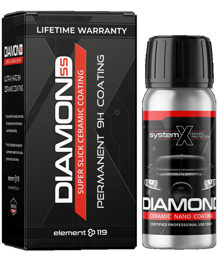 A box and a bottle of DIAMOND SS ceramic nano coating for cars, with the box labeled 'LIFETIME WARRANTY' and 'PERMANENT 9H COATING.' The bottle is black, red, and silver, with the text 'system X CERAMIC NANO COATING' and 'CERTIFIED PROFESSIONAL USE ONLY.'
