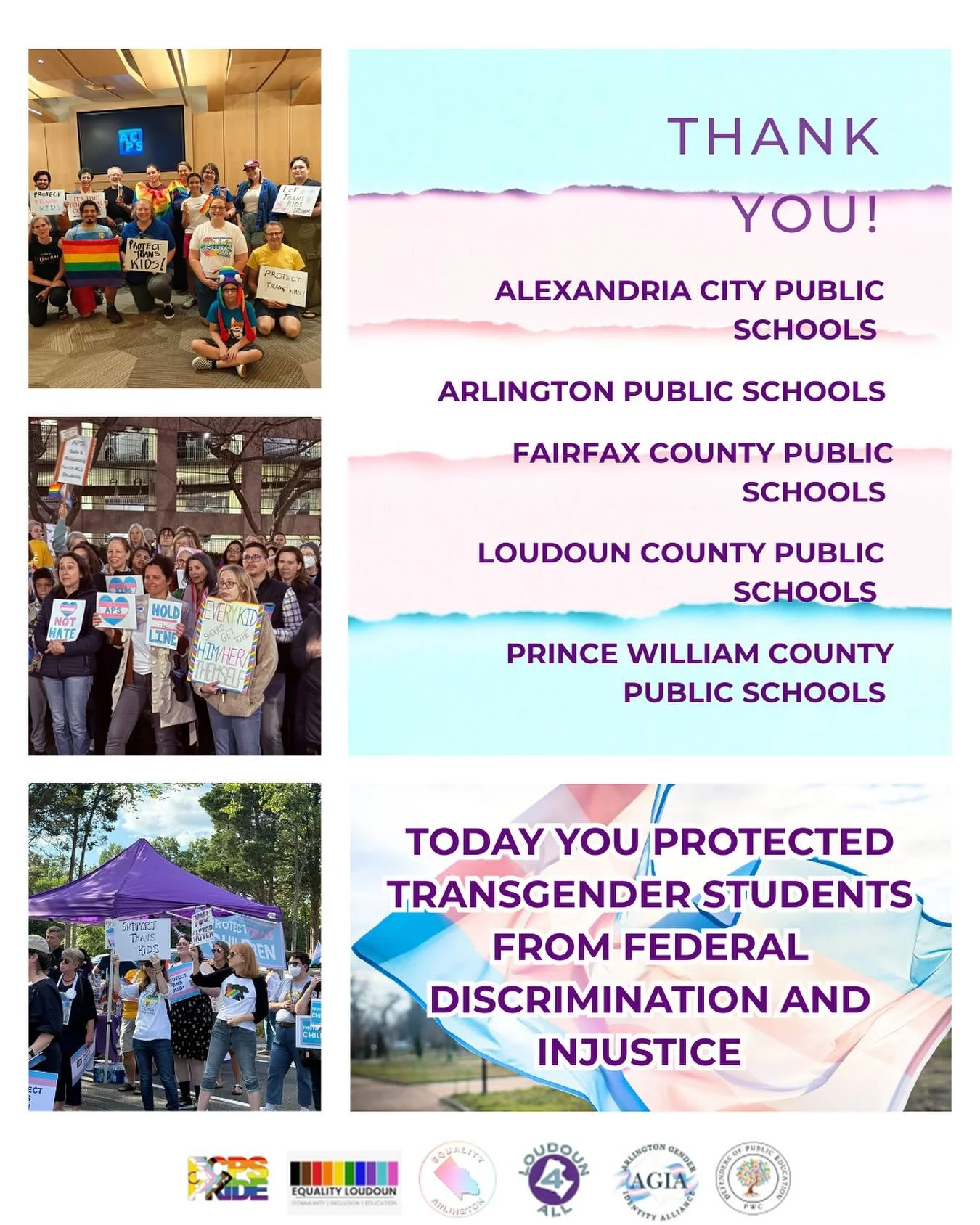 ❤️🏳️‍⚧️❤️ Today, Equality Arlington joined parents and community groups across the City of Alexandria, Arlington County, Fairfax County, Loudoun County, and Prince William County to thank our school districts for refusing to comply with the Trum