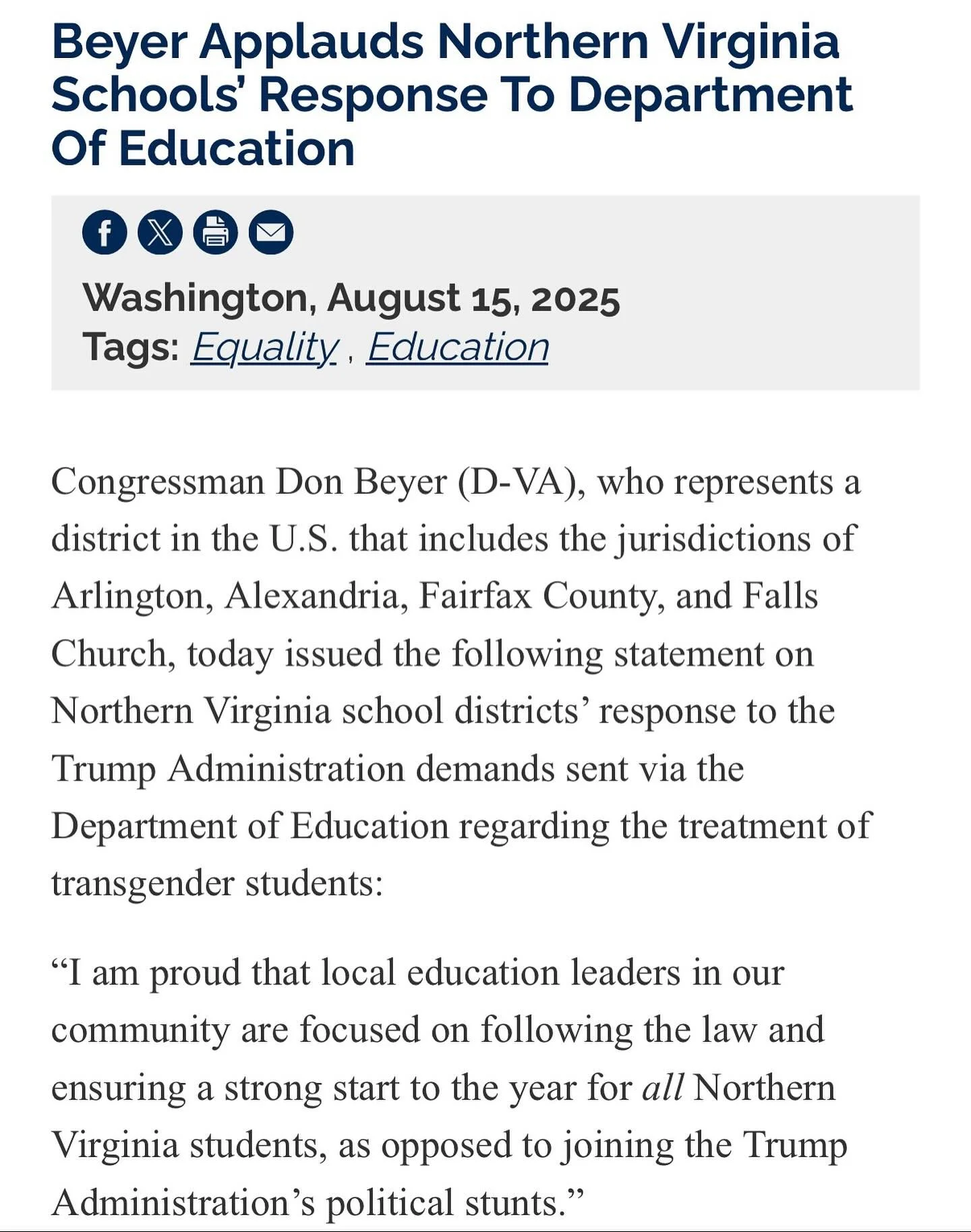 ❤️🏳️‍⚧️❤️Thank you @repdonbeyer for standing with @apsvirginia and our transgender students and families against illegal and discriminatory attacks from the Trump administration! ❤️🏳️‍⚧️❤️