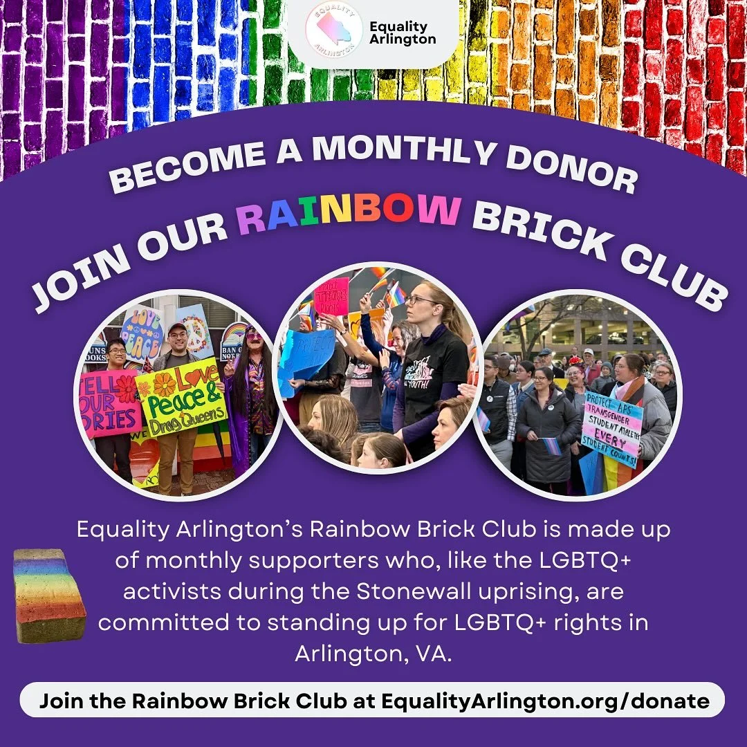 🏳️‍🌈🏳️‍⚧️Join Equality Arlington’s Rainbow Brick Club by becoming a monthly donor! 🏳️‍⚧️🏳️‍🌈 As our nonprofit looks to grow to meet the increasing advocacy needs of the LGBTQ+ community in Arlington, we invite committed su