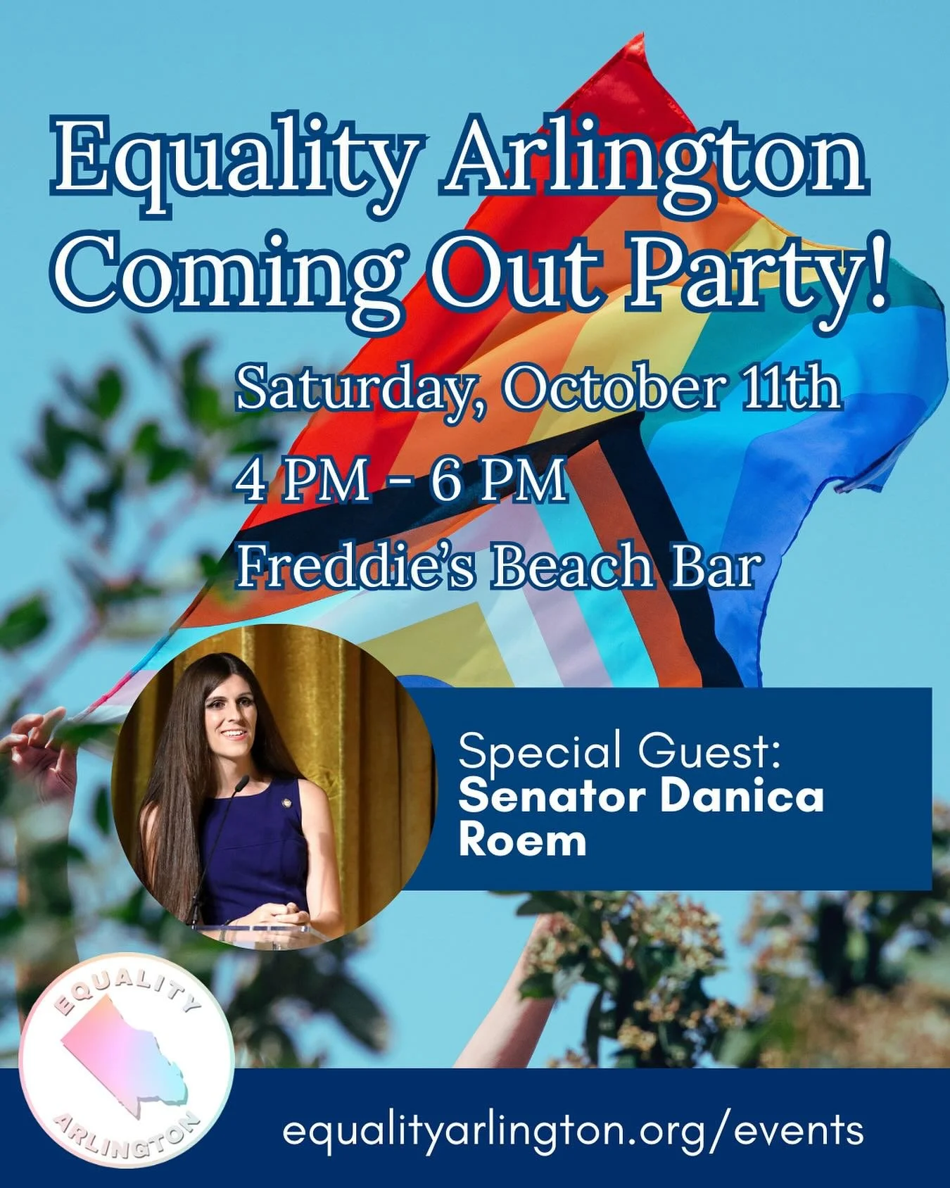 ❤️🏳️‍⚧️We are very excited to announce that Senator Danica Roem will be a guest speaker at Equality Arlington’s Coming Out Party on Saturday, October 11 from 4-6 PM at Freddie’s Beach Bar! We’ll be celebrating National Coming O