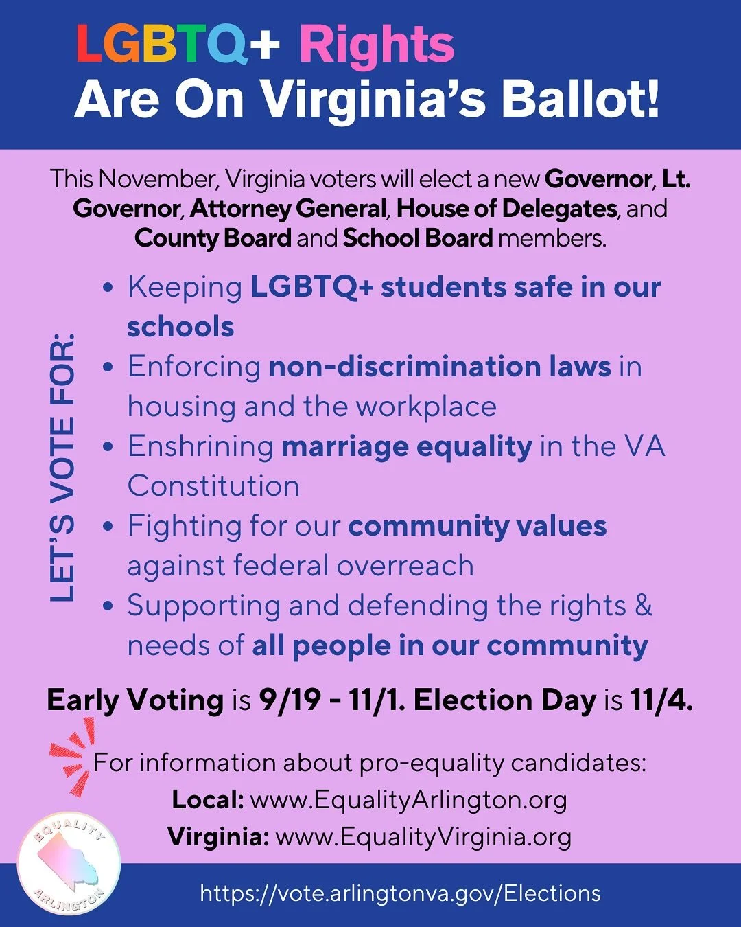 🗳️Early voting has started and this election will have direct impacts on the health, safety, and welfare of LGBTQ+ residents in Arlington!
🏳️‍🌈We have the opportunity to elect a Governor, Lt. Governor, and Attorney General who will support an