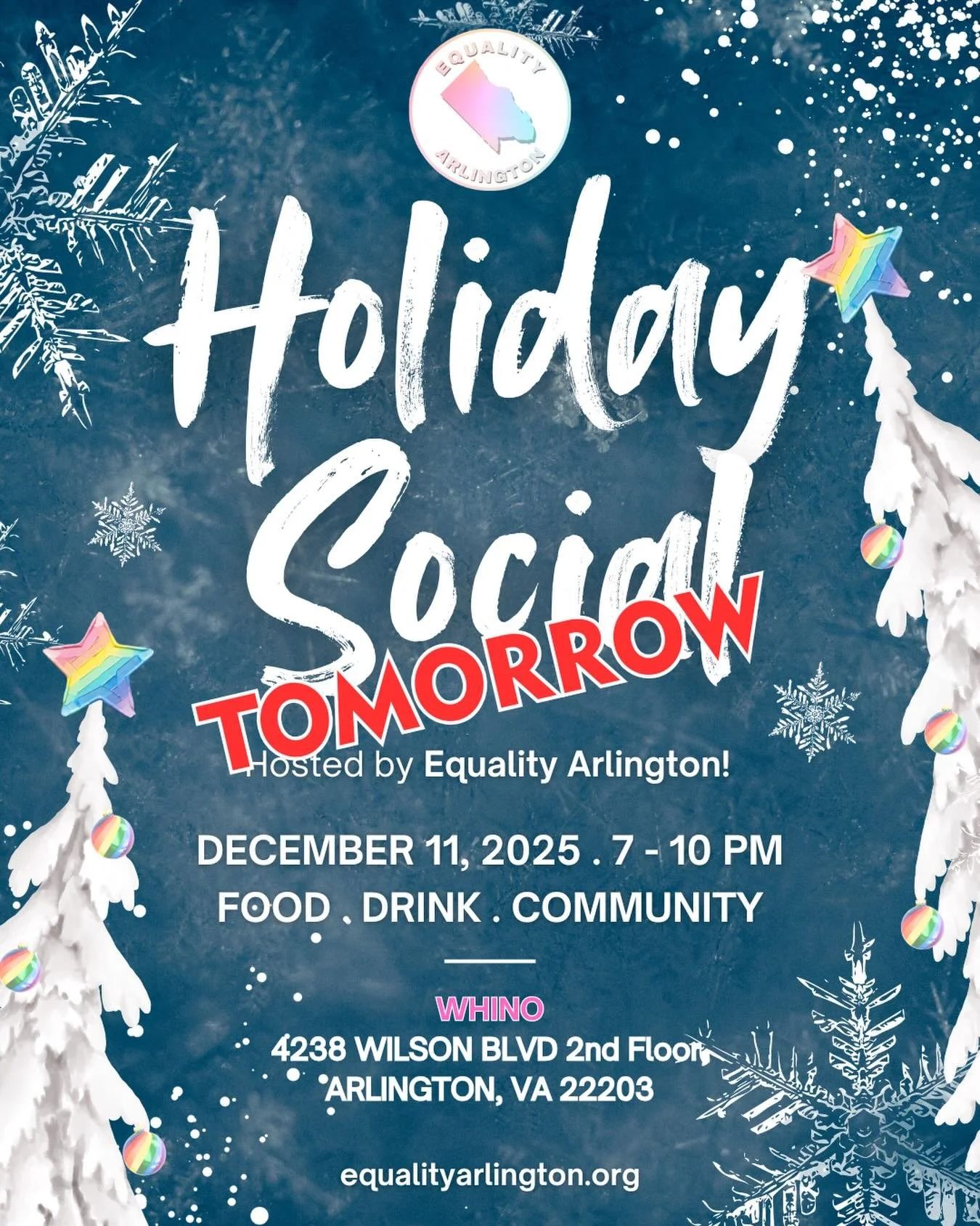 🎄🏳️&zwj;🌈 ☃️ Equality Arlington&rsquo;s Holiday Social is TOMORROW, December 11 from 7-10 PM at WHINO in Ballston Quarter! 
🧑&zwj;🎄Wear your most festive holiday attire and join us for food, drinks, and community. The event is free and open to a