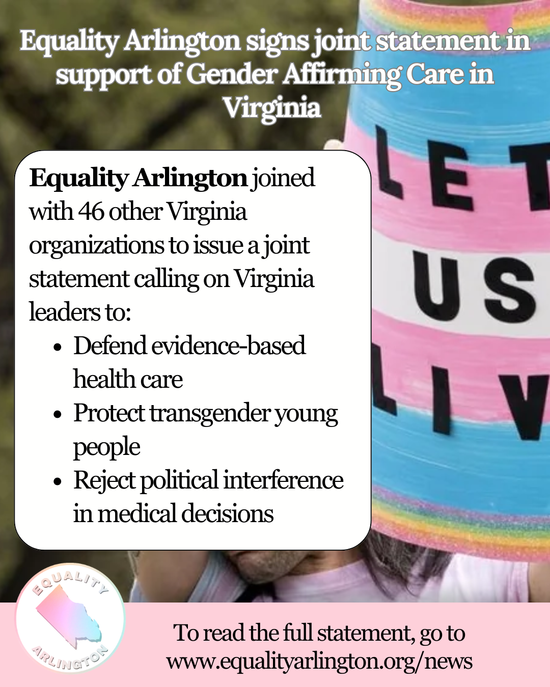 Equality Arlington signs Joint Statement in Support of Gender Affirming Care in Virginia