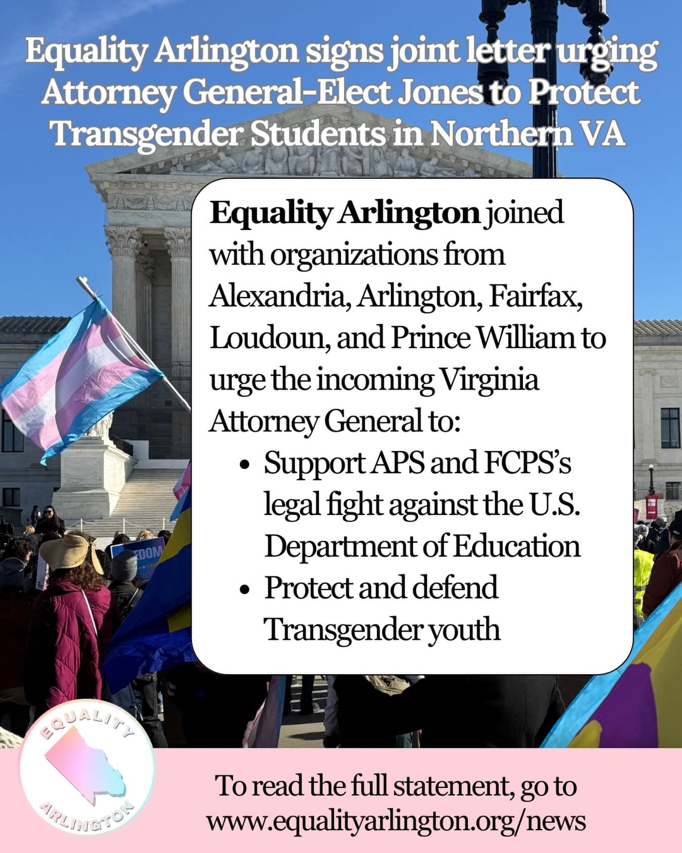 🏳️&zwj;⚧️Equality Arlington signed a joint letter with AGIA, Alexandrians Committed to Equality - ACE, Defenders of Public Education, Equality Loudoun, FCPS Pride, Falls Church City Schools Pride Alliance, and Loudoun4All urging Virginia Attorney Ge