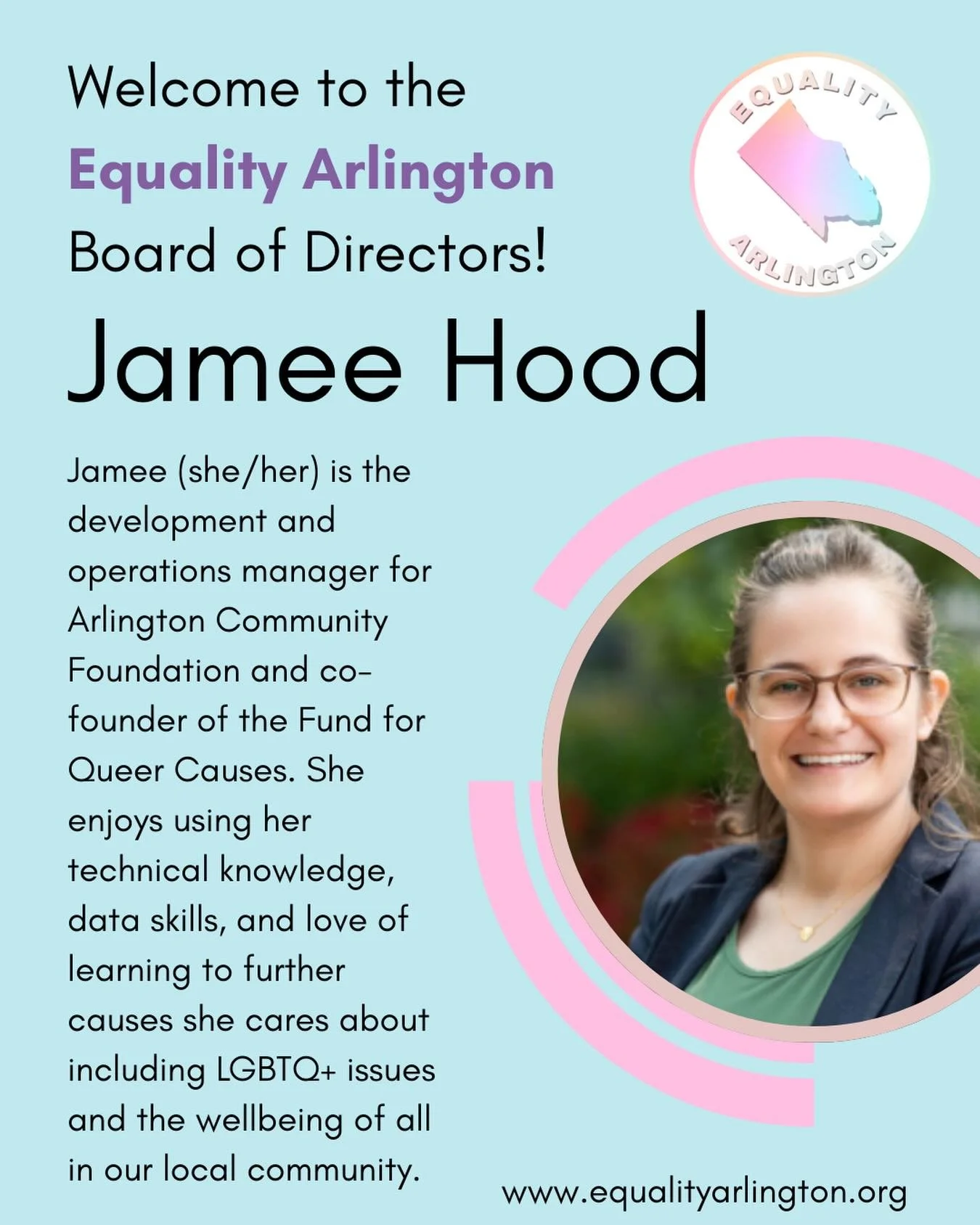 Equality Arlington is very excited to welcome Jamee Hood to the Board of Directors! Learn more at https://www.equalityarlington.org/about.