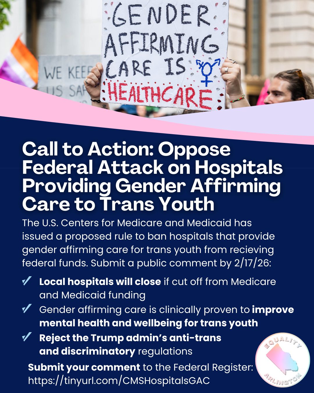 Equality Arlington Opposes the U.S. Centers for Medicare and Medicaid Services’ Proposed Ban on Federal Funding for Hospitals Providing Gender Affirming Care for Transgender Youth