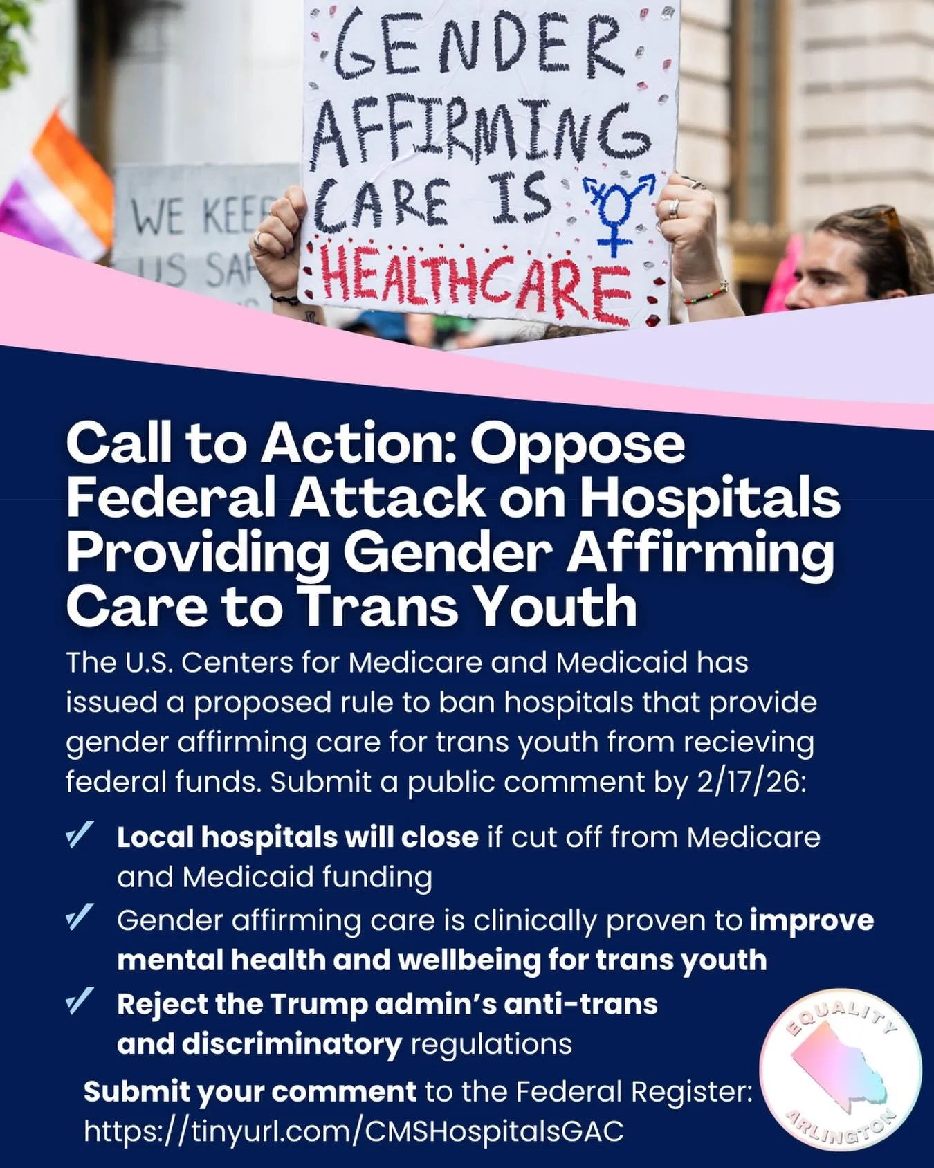 🚨🏳️&zwj;⚧️CALL TO ACTION: Let the U.S. Centers for Medicare and Medicaid Services know you OPPOSE their proposed regulation to ban federal funding for hospitals that provide gender affirming care for trans youth before 2/17! This anti-trans and dis