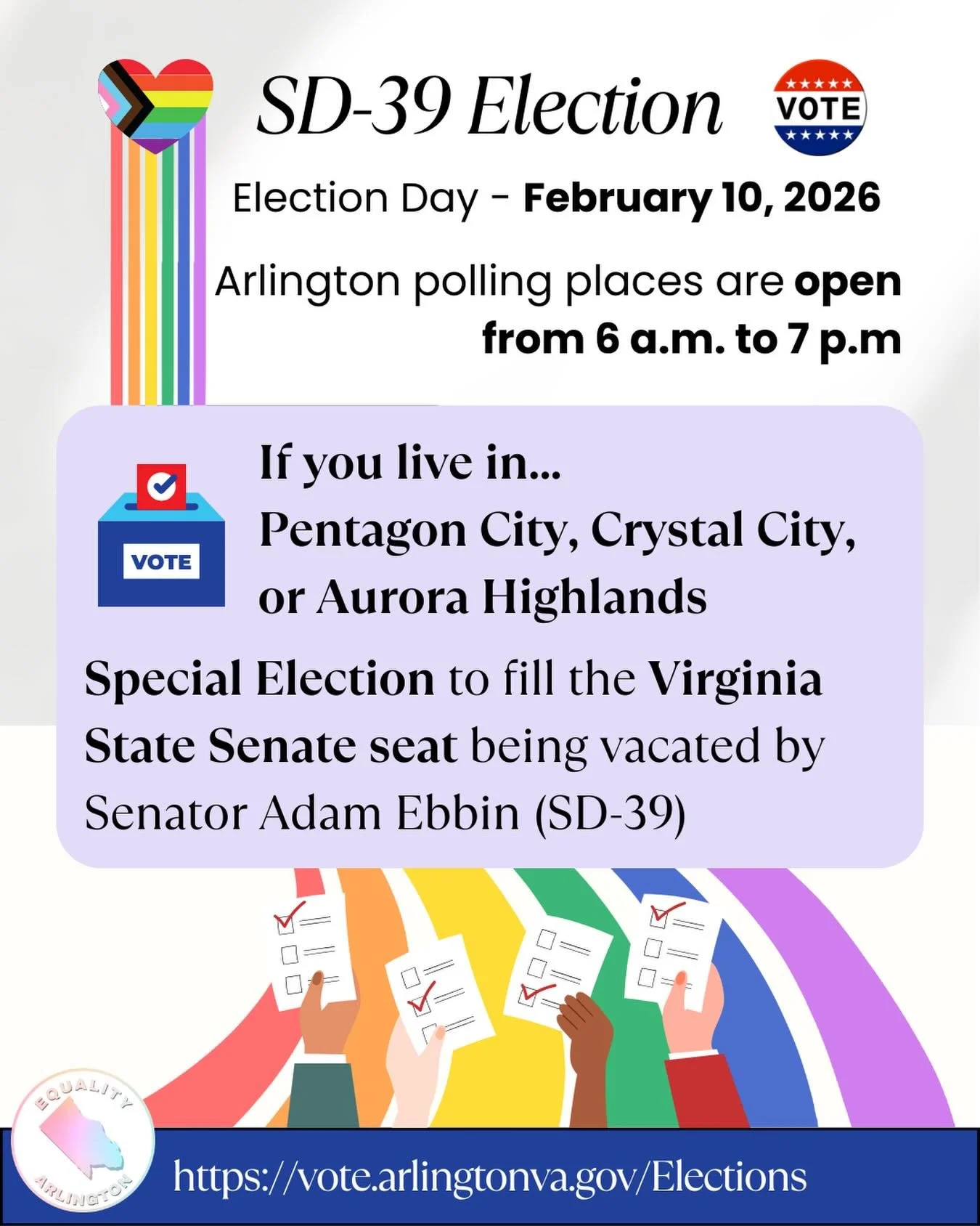 ‼️🗳️VOTE TOMORROW if you live in the Pentagon City, Crystal City, or Aurora Highlands neighborhoods for your next Virginia State Senator (SD-39)! Find out more information at https://vote.arlingtonva.gov/Elections
