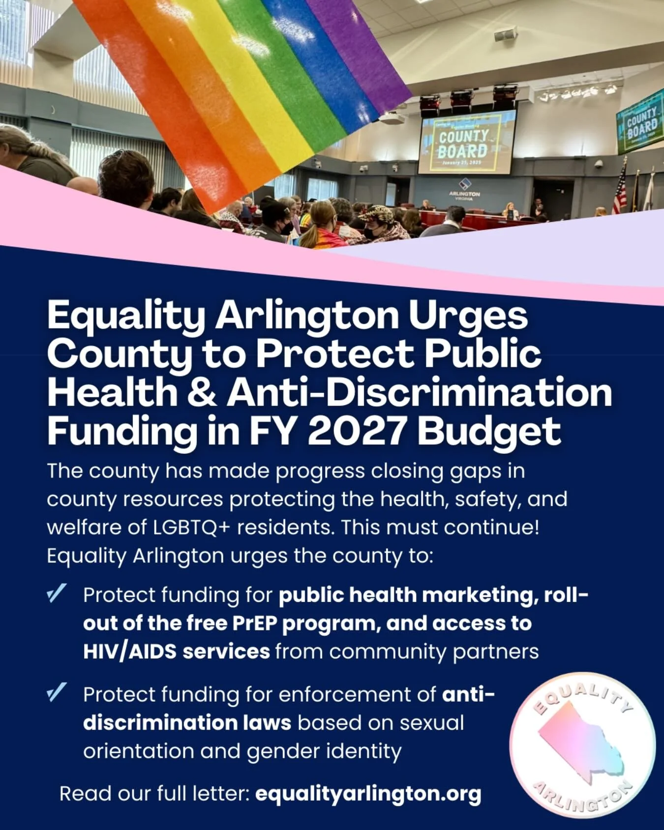 🏳️&zwj;🌈🏳️&zwj;⚧️🏛️Equality Arlington sent a letter to the County Board urging them to maintain funding in the FY 2027 budget to protect the the health, safety, and welfare of LGBTQ+ residents&mdash;specifically in the areas of public health and 