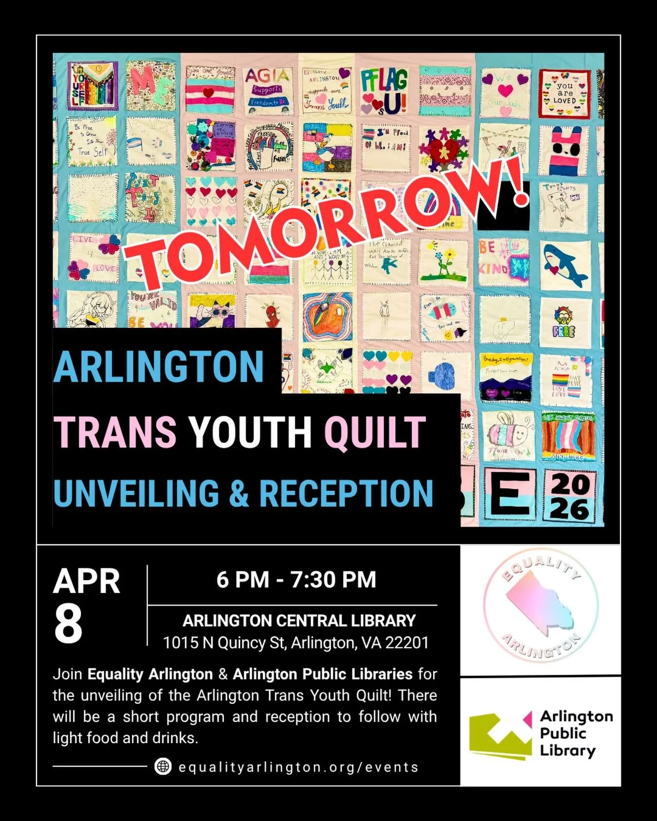 ❤️🏳️&zwj;⚧️Join us for the unveiling of the Arlington Trans Youth Quilt TOMORROW, April 8 at 6 PM at Arlington Central Library! Equality Arlington and Arlington Public Libraries are excited to celebrate Arlington&rsquo;s transgender and non-binary y