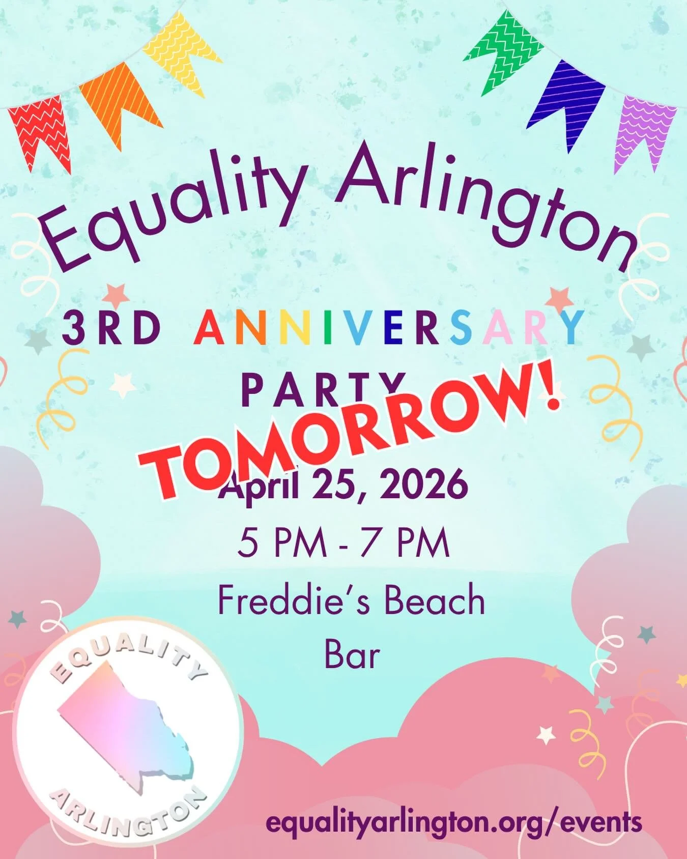 🥳 Equality Arlington&rsquo;s Anniversary Party is TOMORROW (4/25) at Freddie&rsquo;s Beach Bar from 5-7 PM! Come celebrate with us as we reflect on our work over the last 3 years to advocate for Arlington&rsquo;s LGBTQ+ community! We&rsquo;ll have c