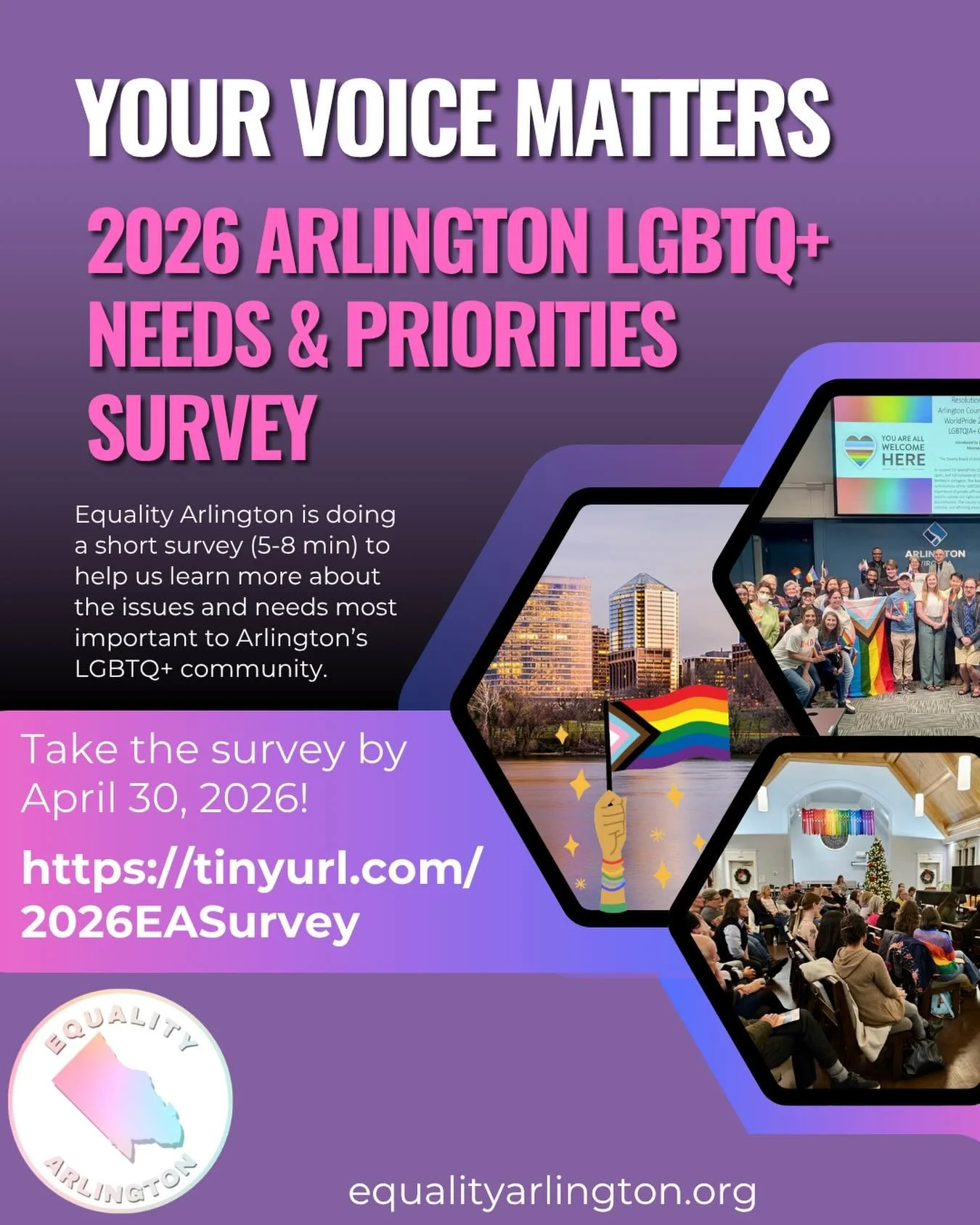 ‼️🏳️&zwj;🌈🏳️&zwj;⚧️ ICYMI-Equality Arlington invites you to complete our 2026 Arlington LGBTQ+ Community Needs &amp; Priorities Survey by April 30, 2026! This short survey will help us learn more about the issues and needs most important to member