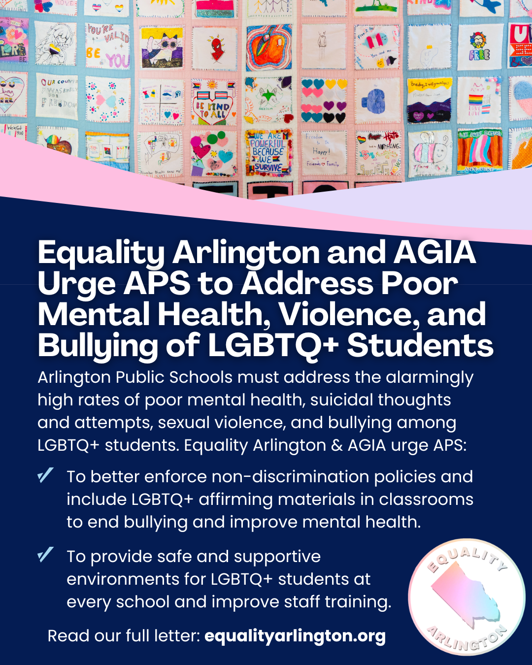 Equality Arlington and AGIA Urge APS to Address Poor Mental Health, Violence, and Bullying Facing LGBTQ+ Students