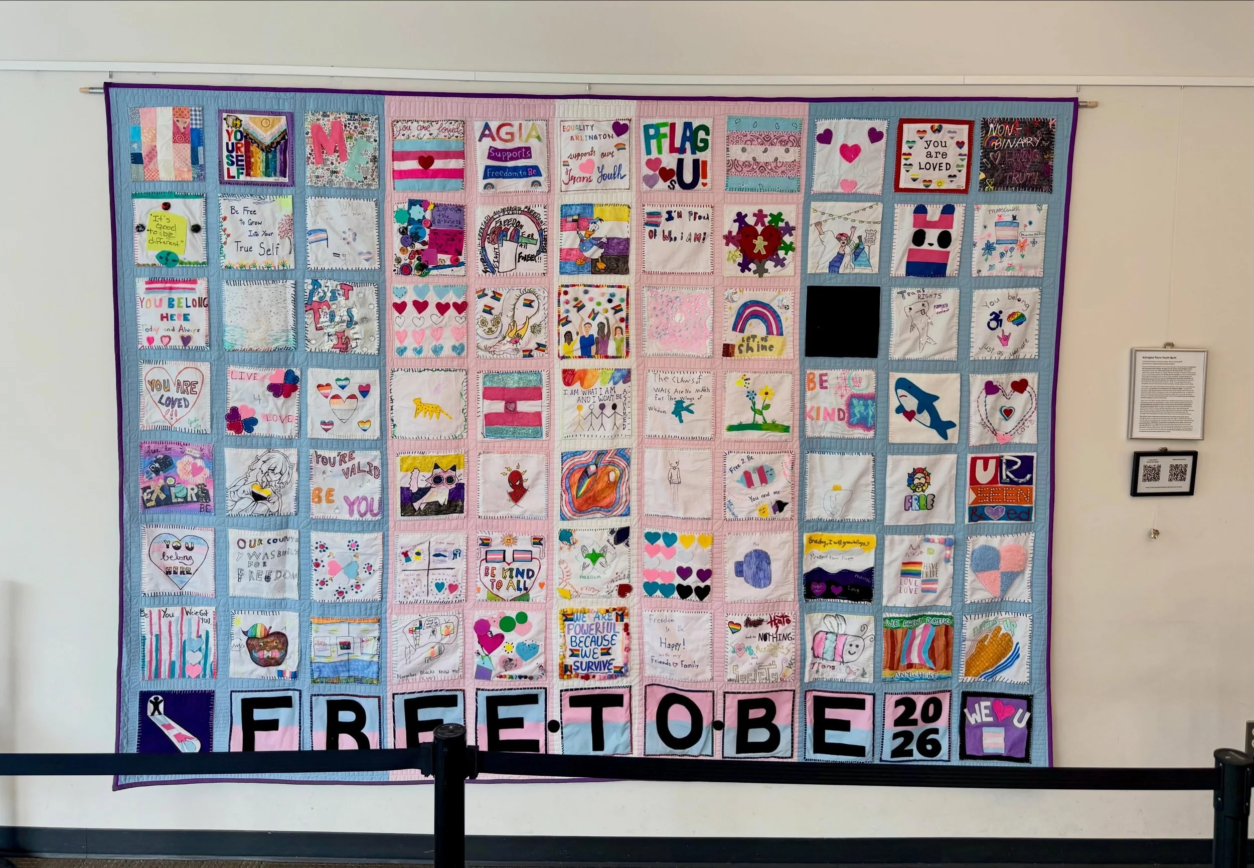 👀🏳️&zwj;⚧️Have you seen the Arlington Trans Youth Quilt yet? The quilt is now on display at the Arlington Central Library! Head to the top of the stairs and take a moment to reflect on the joy and resiliency of Arlington&rsquo;s trans and non-binar