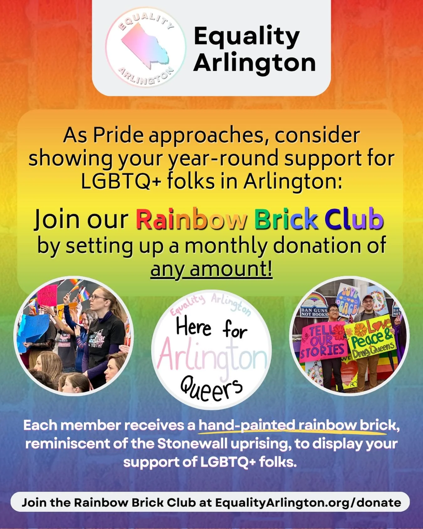 🏳️&zwj;🌈🧱Join Equality Arlington&rsquo;s Rainbow Brick Club by becoming a monthly donor today! Please support our advocacy for Arlington&rsquo;s LGBTQ+ community by donating at https://www.equalityarlington.org/donate