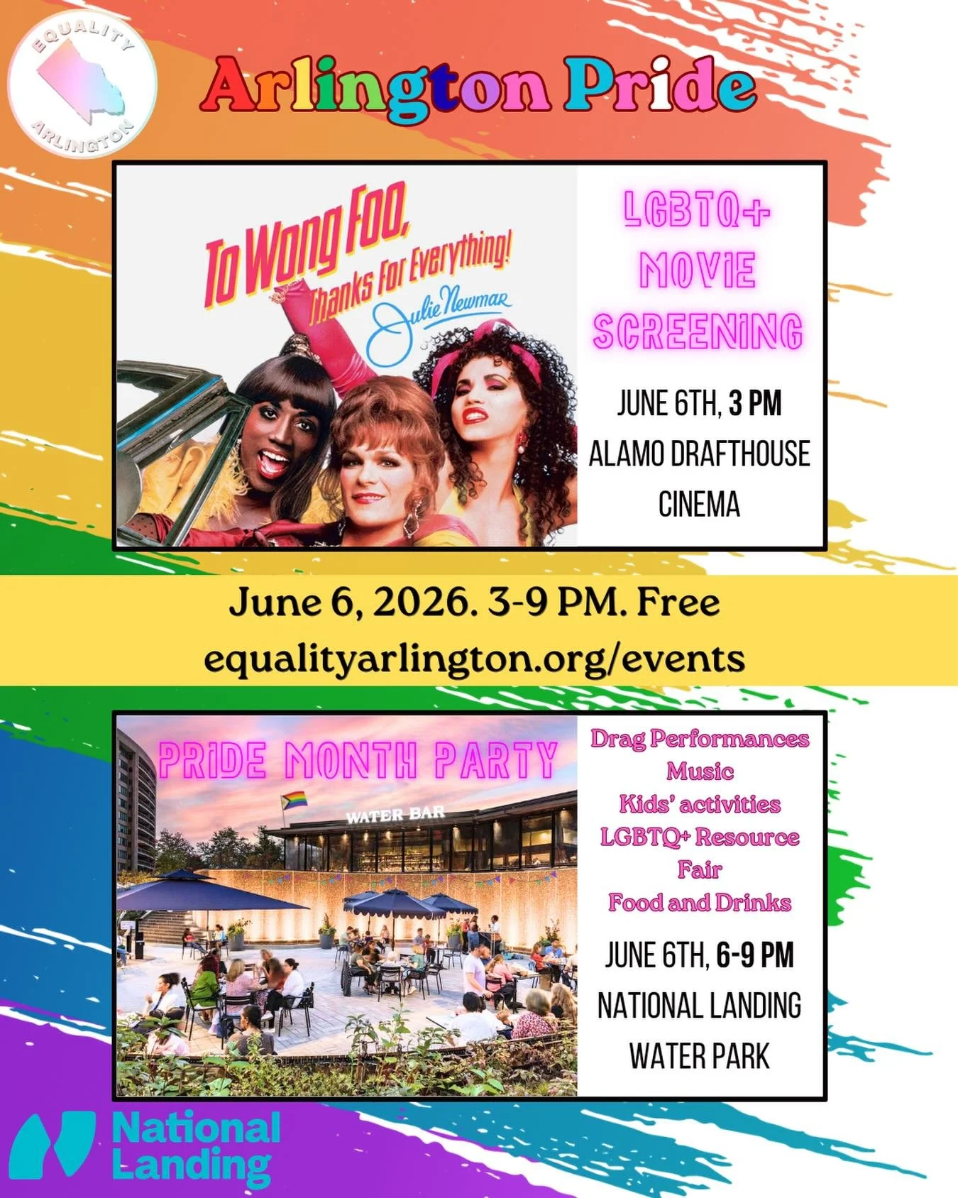 🥳🏳️&zwj;🌈🏳️&zwj;⚧️Equality Arlington is so excited to be partnering with the National Landing BID to celebrate Arlington Pride 2026 with two events on Saturday, June 6: an LGBTQ+ Movie Screening (3 PM) at Alamo Drafthouse Cinema and a Pride Month