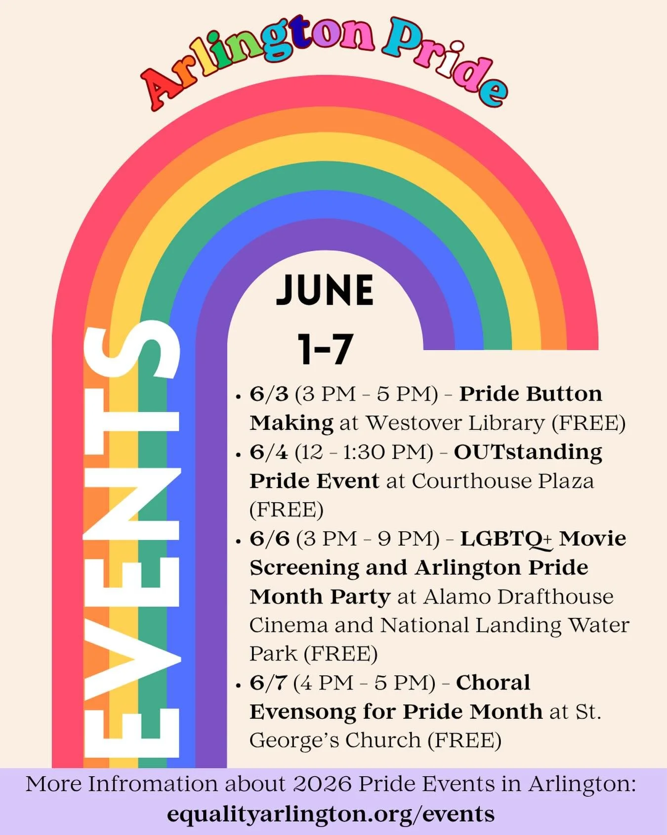 🏳️&zwj;🌈🏳️&zwj;⚧️Happy Pride Month!🏳️&zwj;⚧️🏳️&zwj;🌈
Check out all of the Pride events happening in Arlington County this week (June 1-7)!
🌈You can learn more about Pride events all month long at https://www.equalityarlington.org/events.