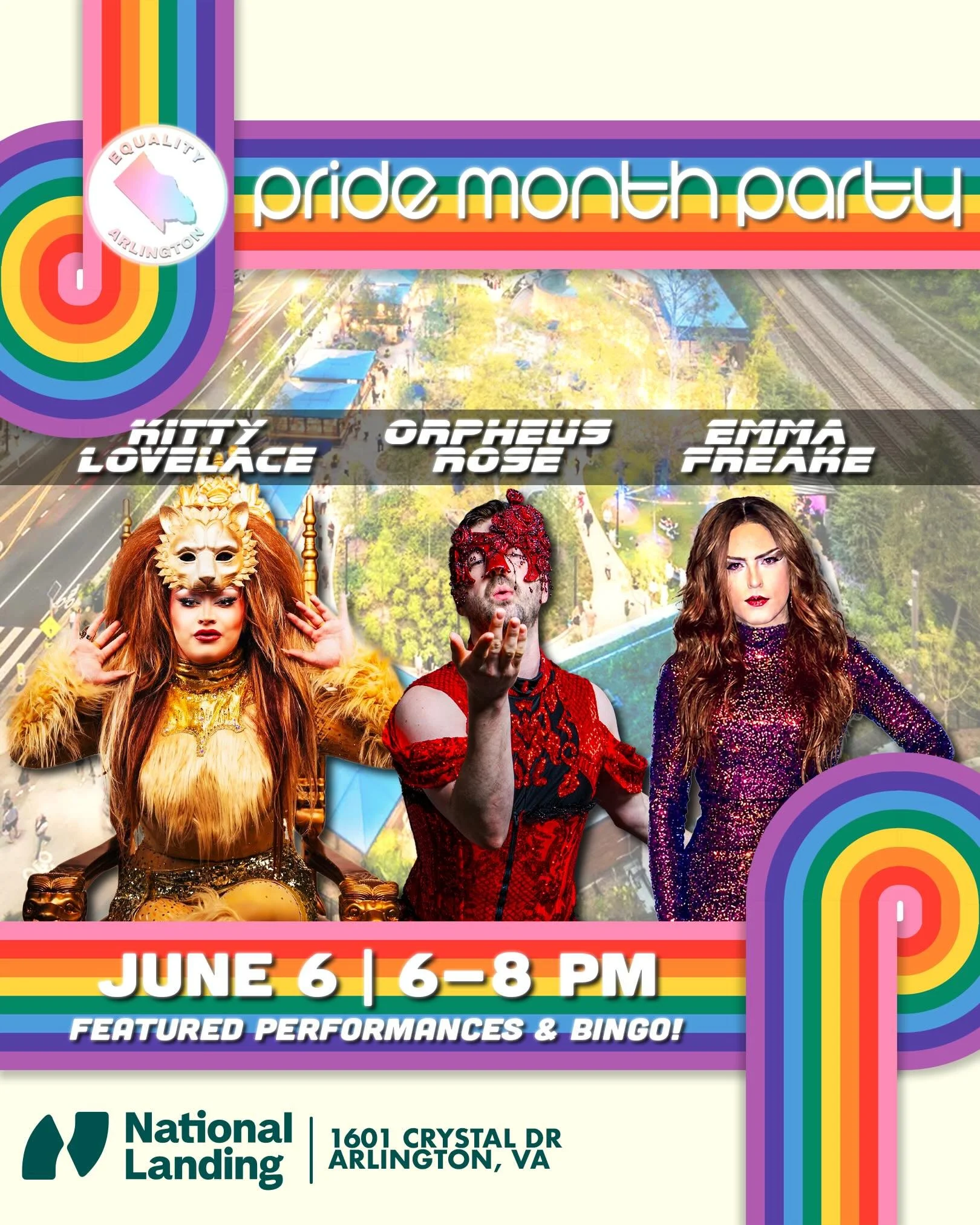 🌈🤗We are so excited for the Arlington Pride Month Party on Saturday, June 6 from 6-9 PM at National Landing Water Park featuring performances by Kitty Lovelace, Orpheus Rose, and Emma Freake! Equality Arlington and National Landing BID have a host 
