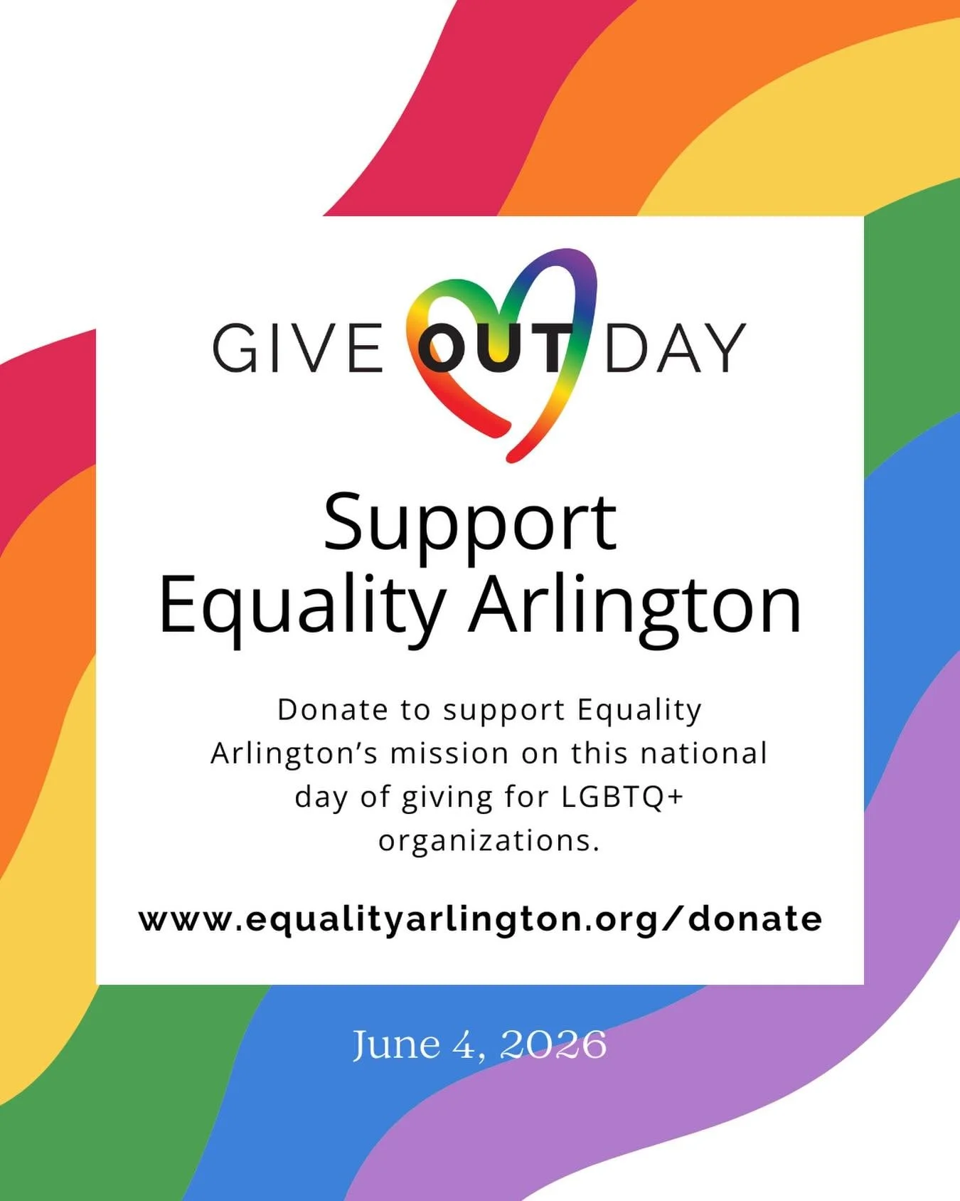 🌈Did you know that today, June 4, is National GiveOUT Day? It&rsquo;s the ONLY day dedicated to supporting LGBTQ+ nonprofits!
🏳️&zwj;⚧️🏳️&zwj;🌈Show your support for LGBTQ+ Arlingtonians today by donating to Equality Arlington: https://www.equalit