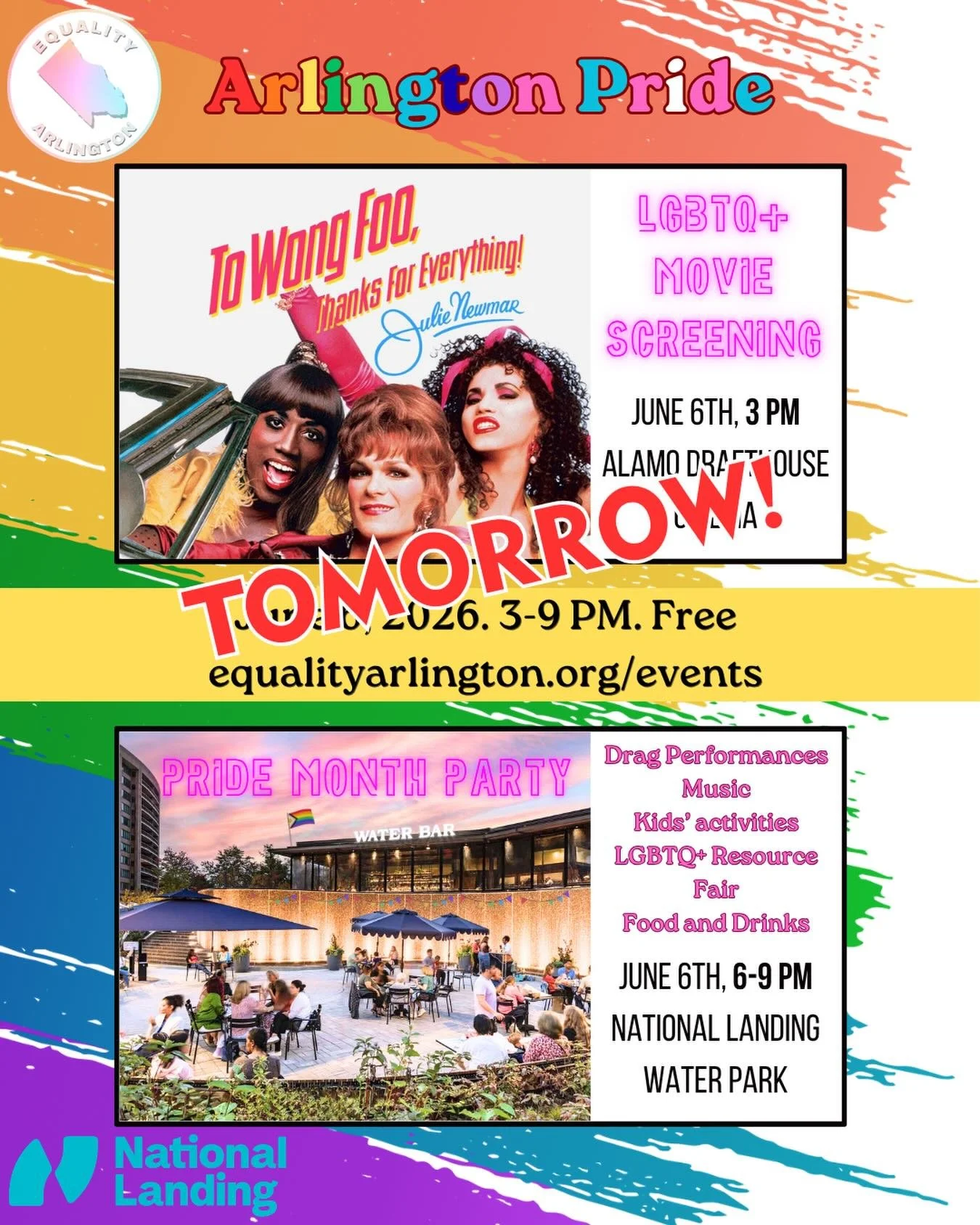 🥳🏳️&zwj;🌈🏳️&zwj;⚧️Equality Arlington&rsquo;s and National Landing BID&rsquo;s LGBTQ+ Movie Screening (3 PM) at Alamo Drafthouse Cinema and Pride Month Party at National Landing Water Park (6-9 PM) are TOMORROW (6/6)!🎉❤️ Come celebrate Arlington 