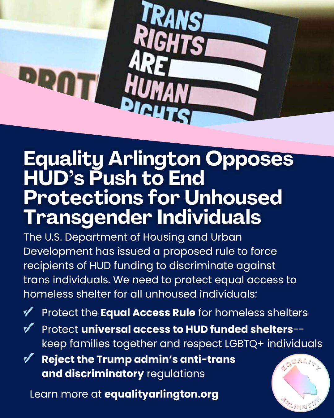Equality Arlington Opposes the U.S. Department of Housing and Urban Development’s Proposed Rule Repealing Equal Access to Homeless Shelters for Trans Individuals