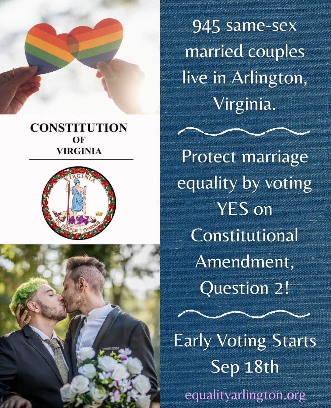 🏳️&zwj;🌈Beginning September 18th, every Arlington voter has an opportunity to say YES to protecting Marriage Equality! More than 945 same-sex couples in Arlington are counting on you to ensure the Virginia constitution recognizes all types of famil