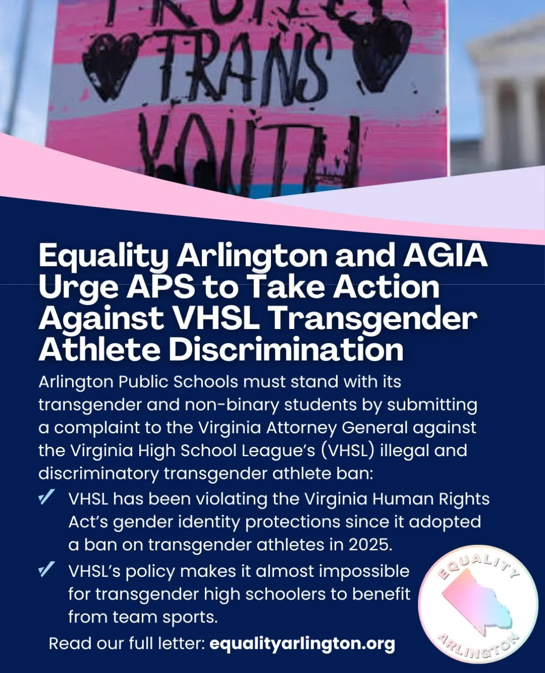 🏳️&zwj;⚧️🚨Equality Arlington and the Arlington Gender Identity Alliance (AGIA) call on the Arlington School Board to continue standing with its transgender and non-binary students by submitting a complaint to the Virginia Attorney General against t