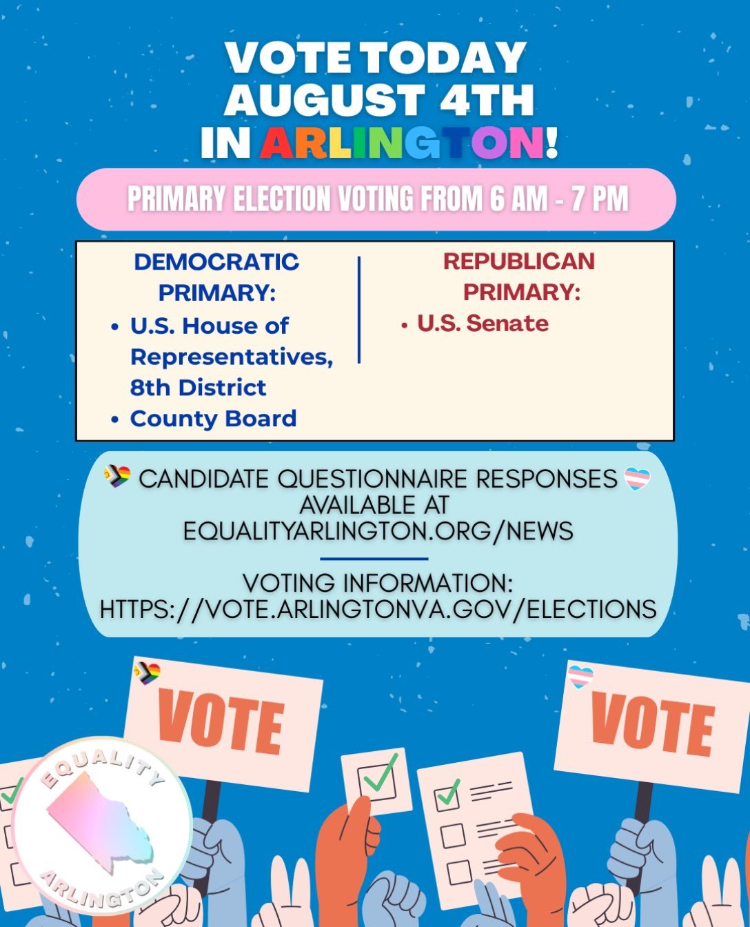 🏳️&zwj;🌈🗳️VOTE TODAY (August 4th)! The polls are open from 6am-7pm. For more information about Primary Day voting, please go to https://vote.arlingtonva.gov/Elections.

🗳️Check out the responses from the Democratic Primary candidates to Equality 