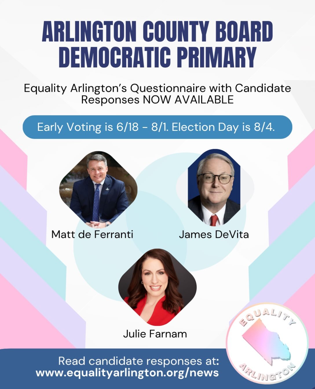 ICYMI - 🗳️Check out the responses from the 3 candidates running in the 2026 Democratic Primary for County Board to Equality Arlington&rsquo;s questionnaire about their stances on the needs of the 🌈LGBTQ+ community and related policy issues:
- Matt 