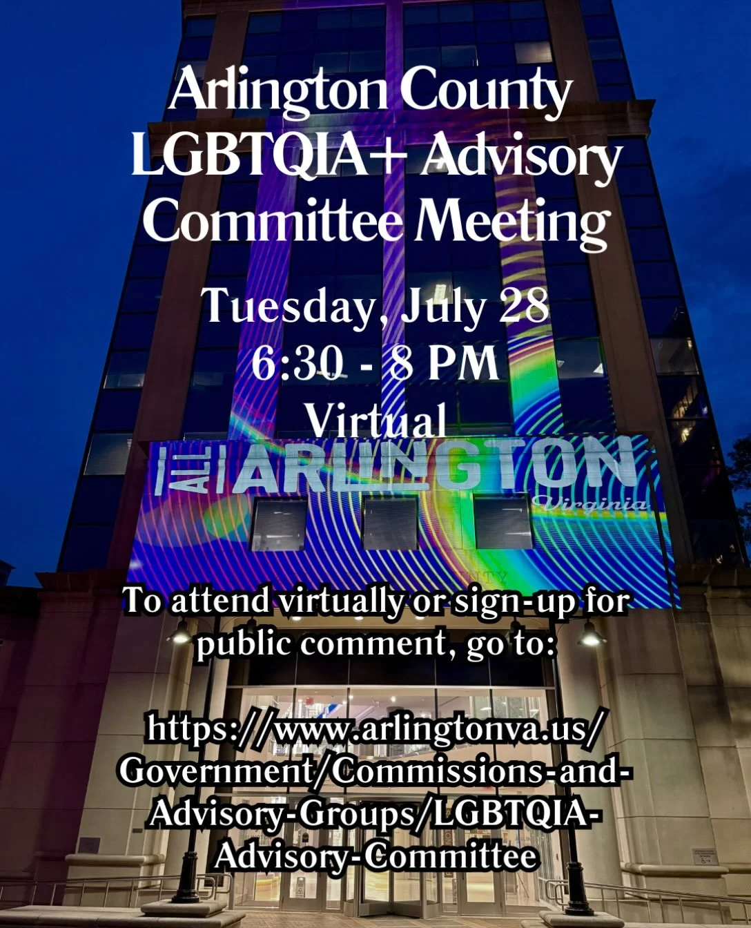 🏳️&zwj;🌈🏳️&zwj;⚧️Arlington County&rsquo;s LGBTQIA+ Advisory Committee will hold its next quarterly meeting on Tuesday, July 28 from 6:30 PM to 8 PM. The meeting will be virtual through Microsoft Teams and you can find the information to join the m