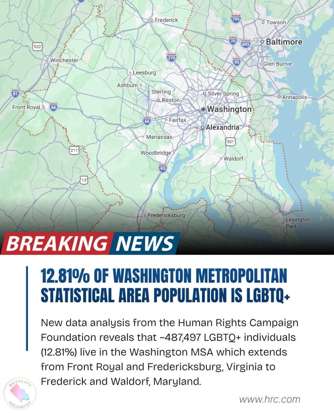 🏳️&zwj;🌈🏳️&zwj;⚧️📍12.81% of the Washington-Arlington-Alexandria Metropolitan Statistical Area (MSA) is LGBTQ+ according to new analysis from the Human Rights Campaign Foundation! That&rsquo;s approximately 487,497 LGBTQ+ individuals living in an 
