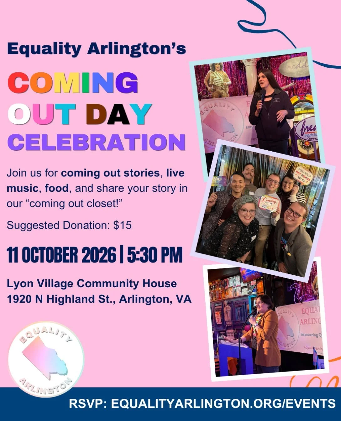 🥳You are invited to Equality Arlington&rsquo;s Coming Out Day Celebration on Sunday, October 11th (National Coming Out Day) from 5:30 PM to 7:30 PM at Lyon Village Community House (1920 N Highland St, Arlington, VA)! Join us for:
🏳️&zwj;🌈 Local co