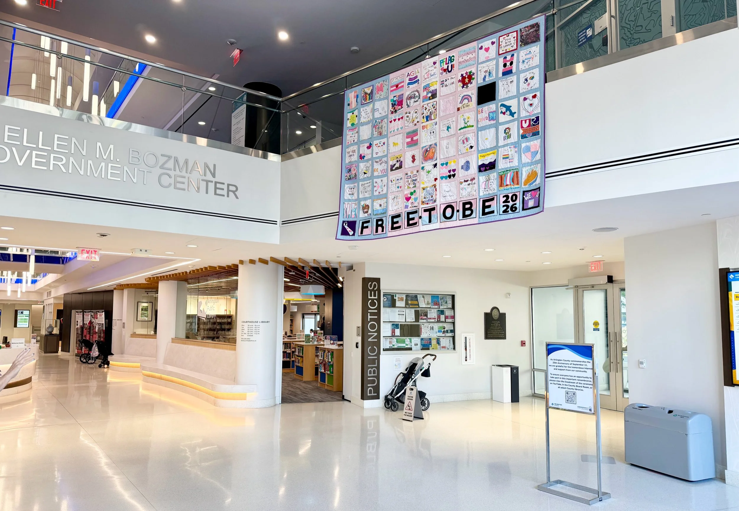 🏳️&zwj;⚧️The Arlington Trans Youth Quilt is on the move again! It is now on display at Arlington County HQ through November. The quilt is hung from the second floor of the main lobby by the Courthouse Library Branch. Stop by to see it as it continue