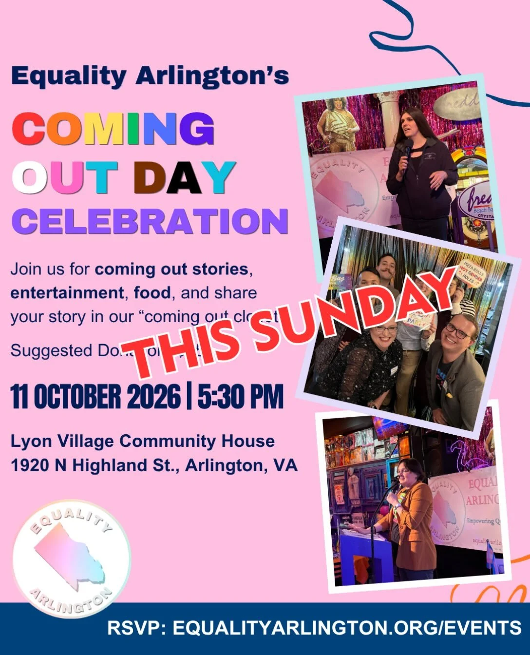🥳Celebrate National Coming Out Day at Equality Arlington&rsquo;s Coming Out Day Celebration this Sunday, October 11th from 5:30 PM to 7:30 PM at Lyon Village Community House (1920 N Highland St, Arlington, VA)! Join us for:
🏳️&zwj;🌈 Local coming o
