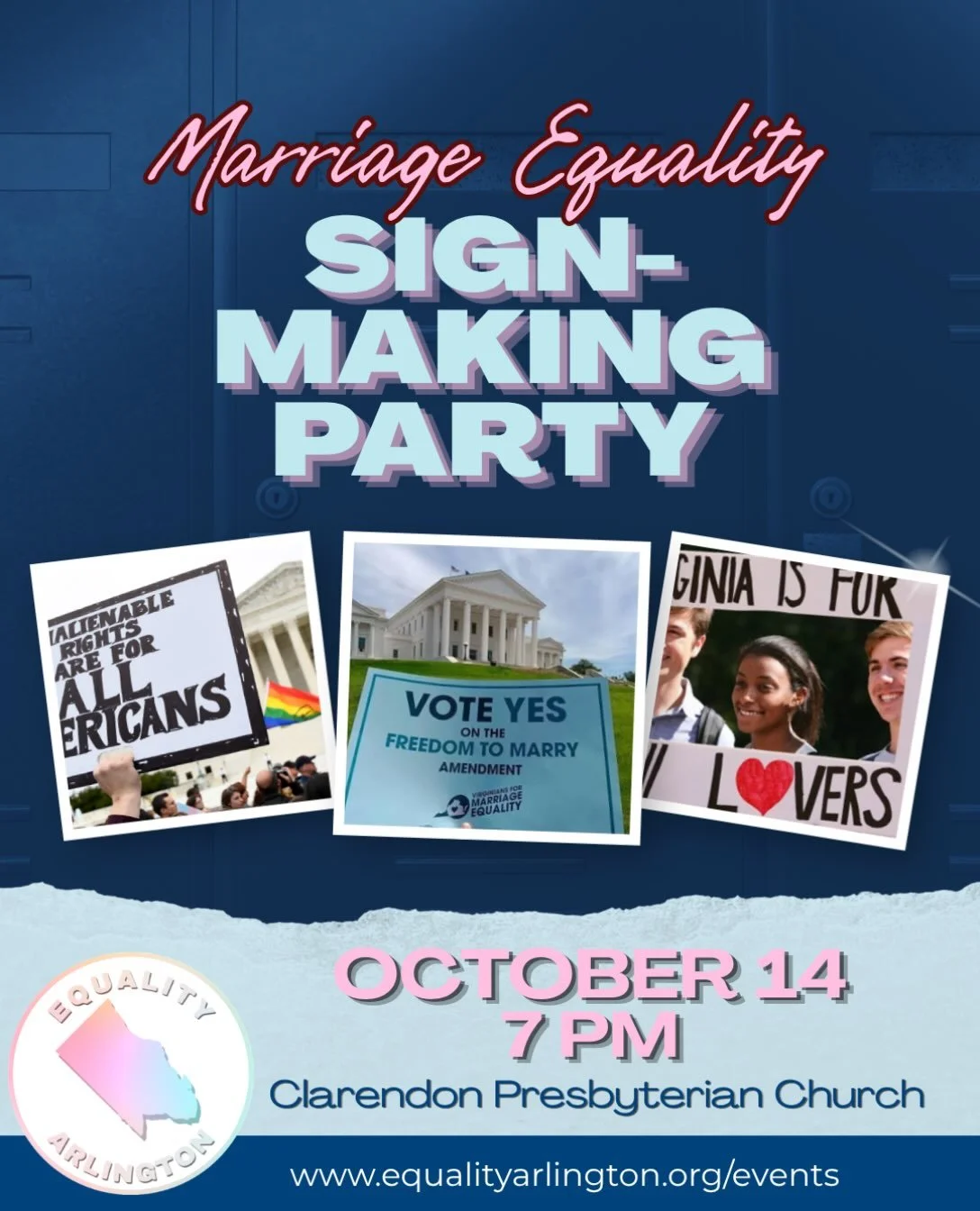 🏳️&zwj;🌈🪧Join us for Equality Arlington&rsquo;s Marriage Equality Sign-Making Party TOMORROW at 7 PM at Clarendon Presbyterian Church! Help us make signs in preparation for the Rally for Marriage Equality on 10/17! We&rsquo;ll have food and suppli